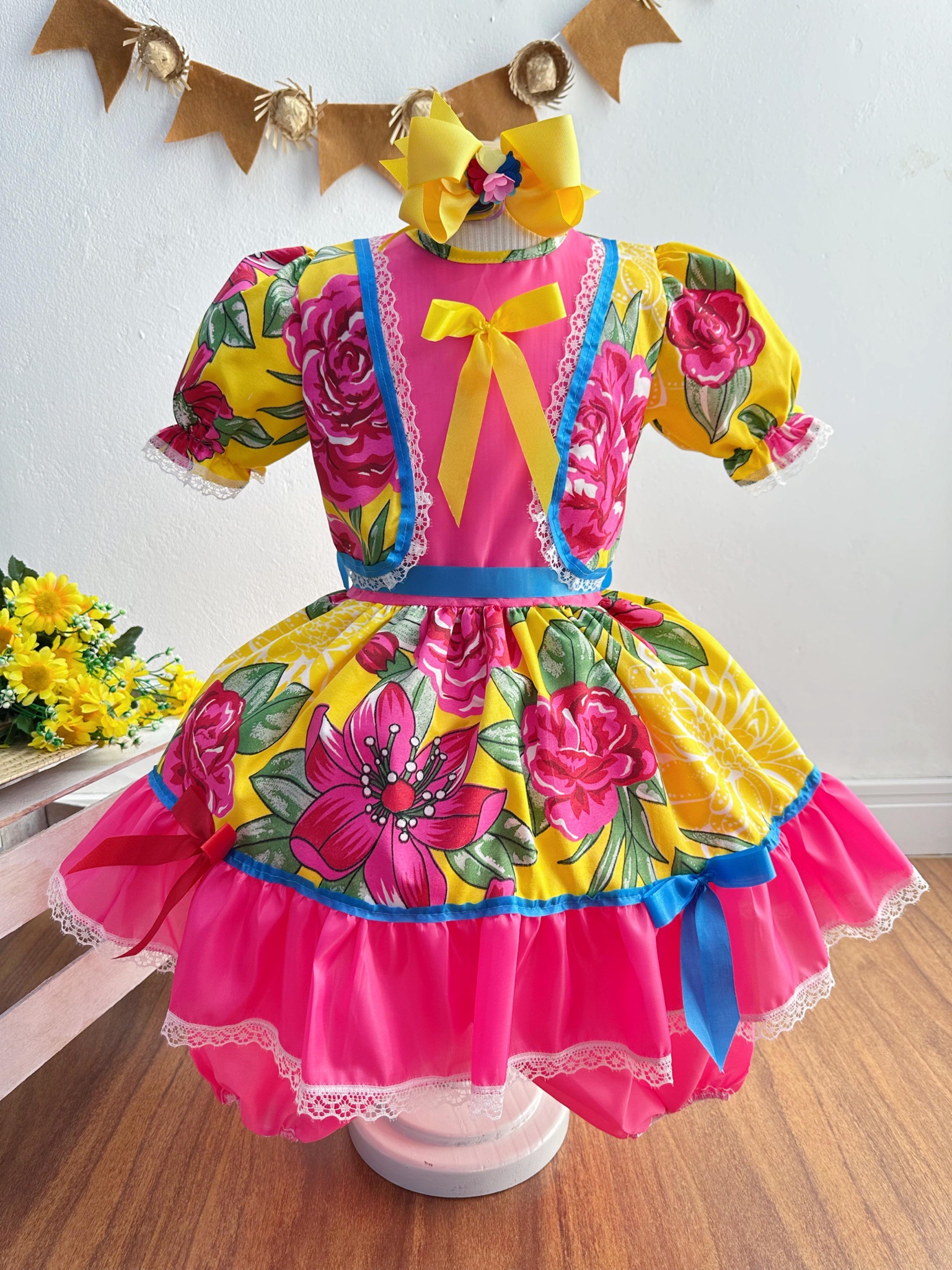 Vestido Infantil Junino Arraiá Caipira Amarelo Florido Colorido