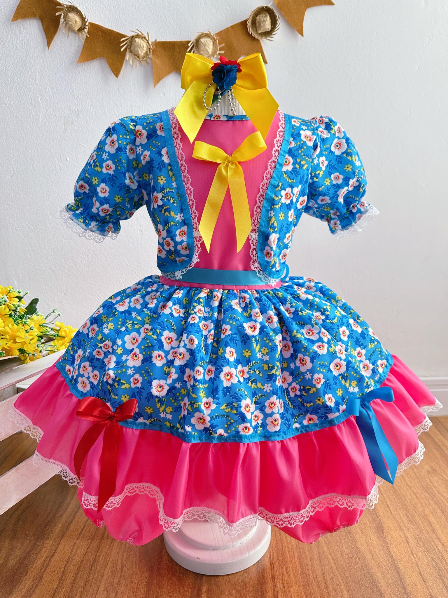 Vestido Infantil Junino Arraiá Caipira Azul Florido Colorido