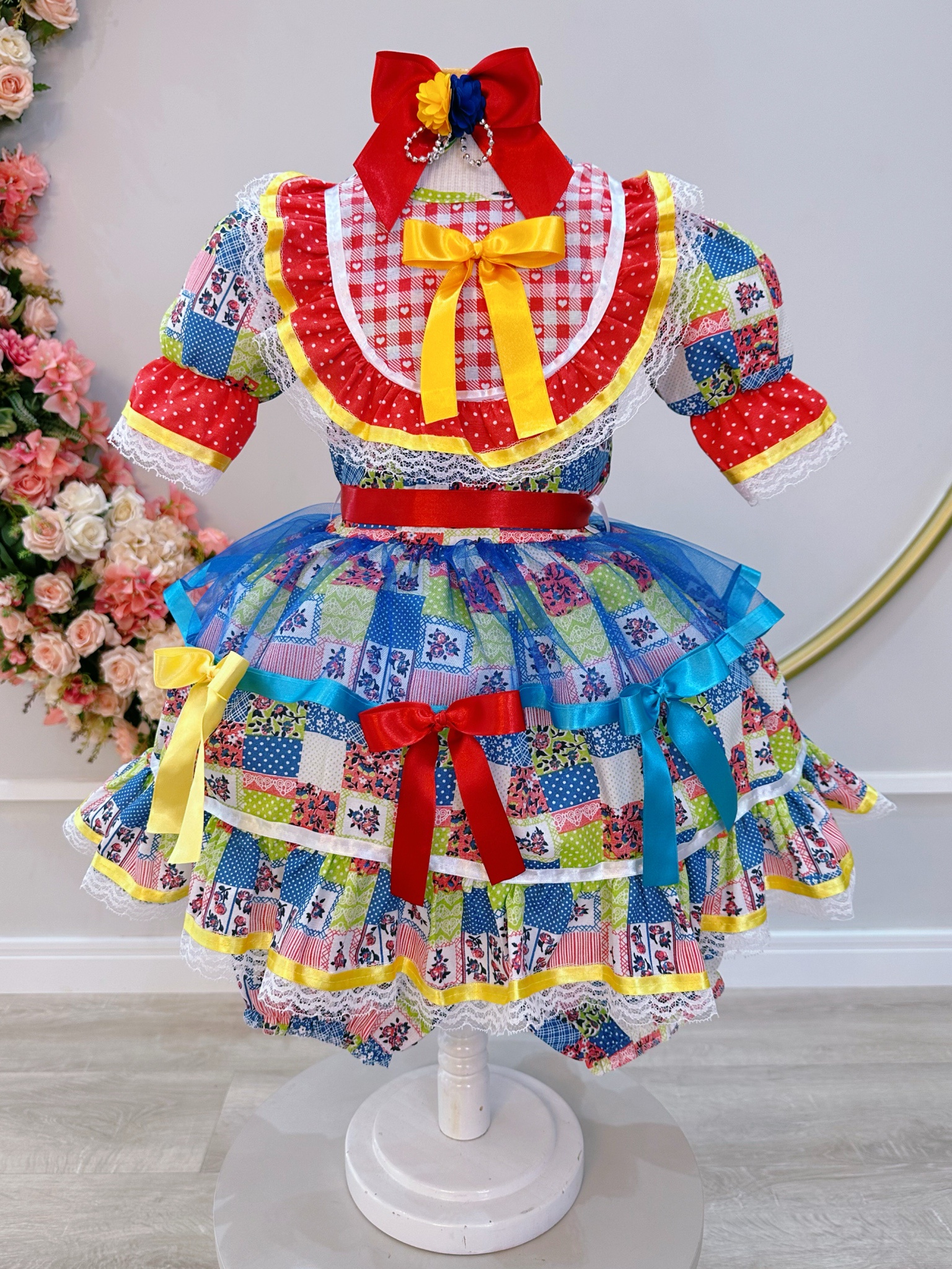 Vestido Infantil Junino Arraiá Caipira Com Estampa Colorida