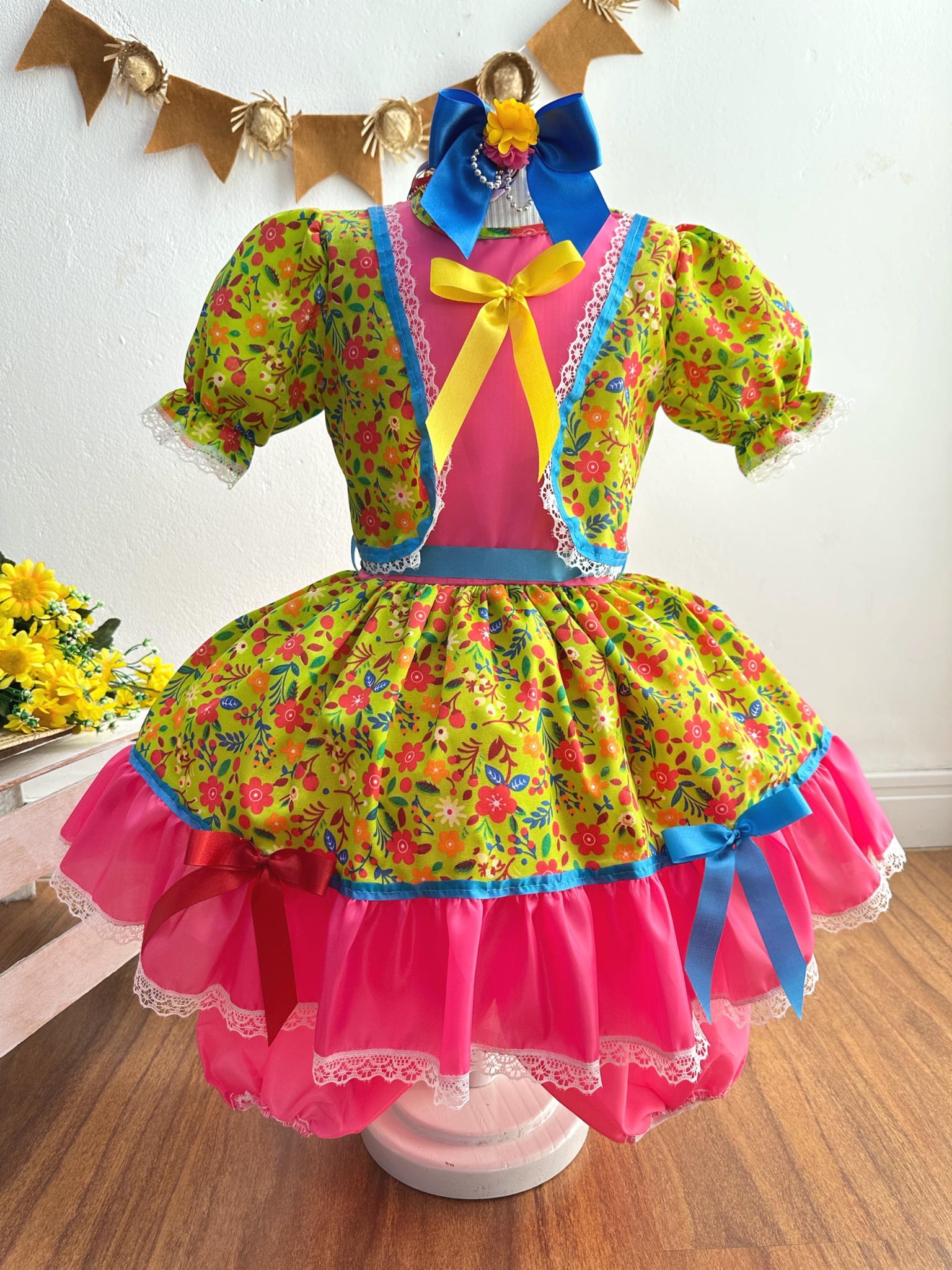 Vestido Infantil Junino Arraiá Caipira Verde Florido Colorido