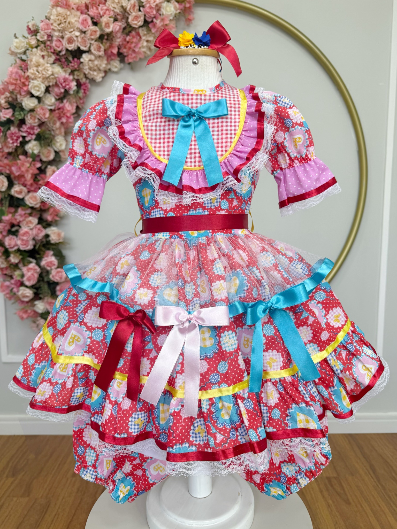 Vestido Infantil Junino Arraiá Caipira Vermelho Colorido