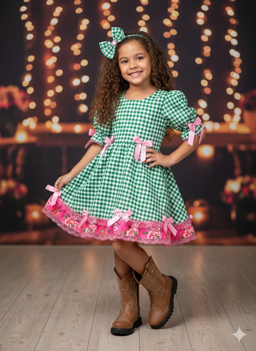 Vestido Infantil Junino Arraiá Caipira Xadrez Verde Florido