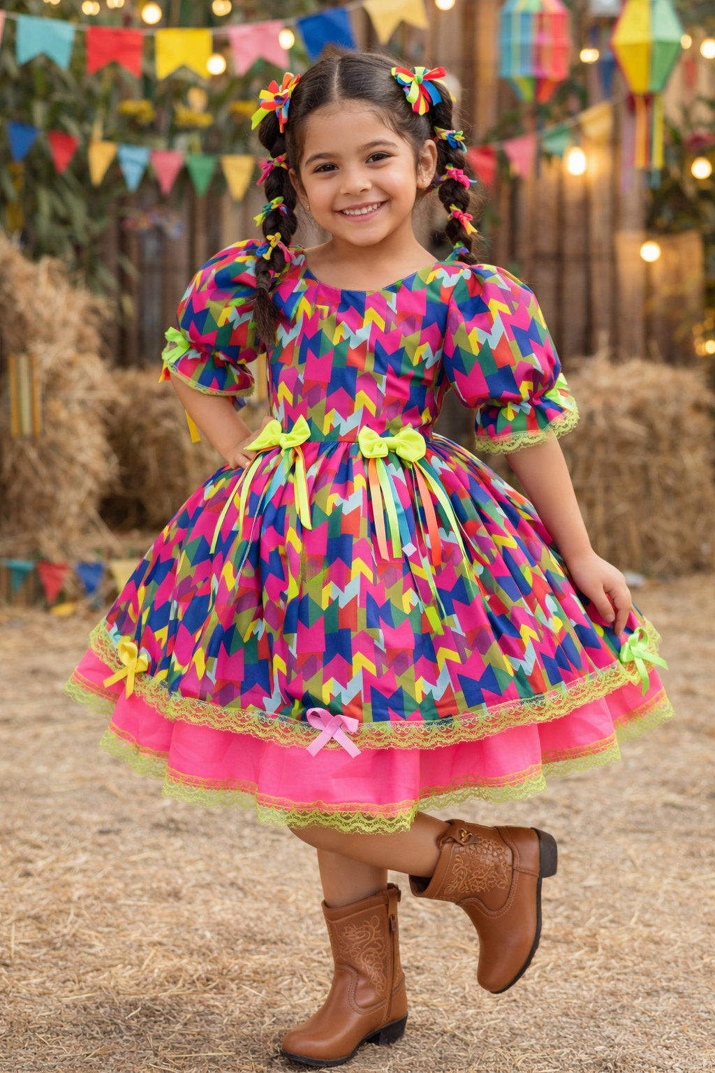 Vestido Infantil Junino Arraiá Capira Bandeirinhas Coloridas