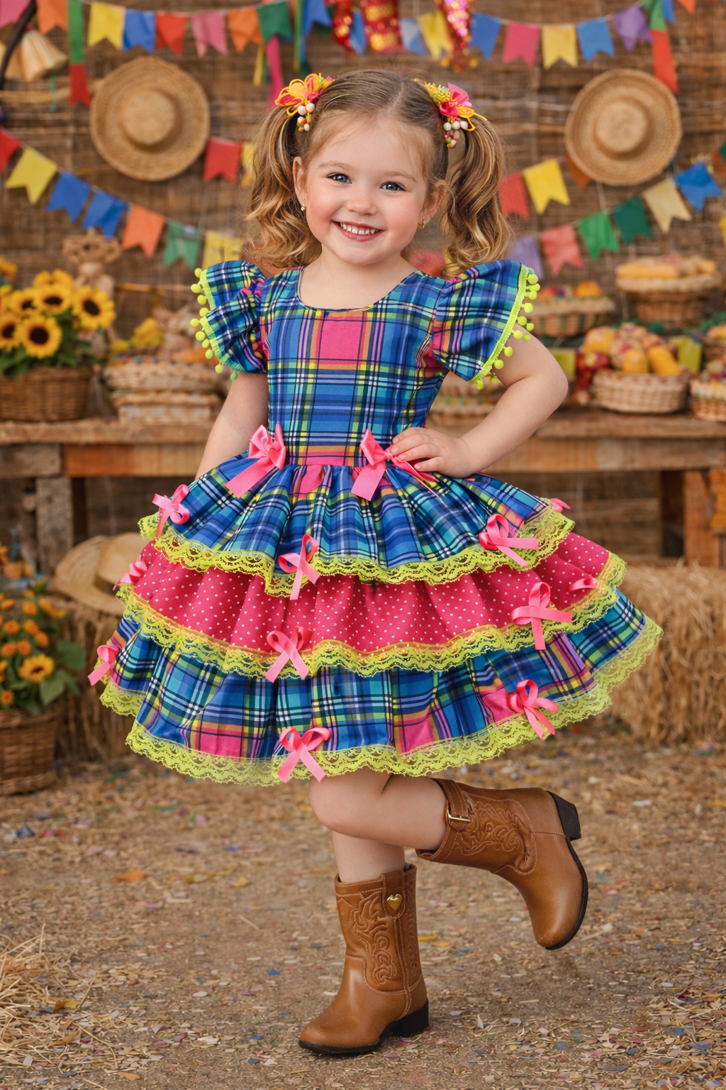 Vestido Infantil Junino Arraiá Capira Xadrez Azul Colorido