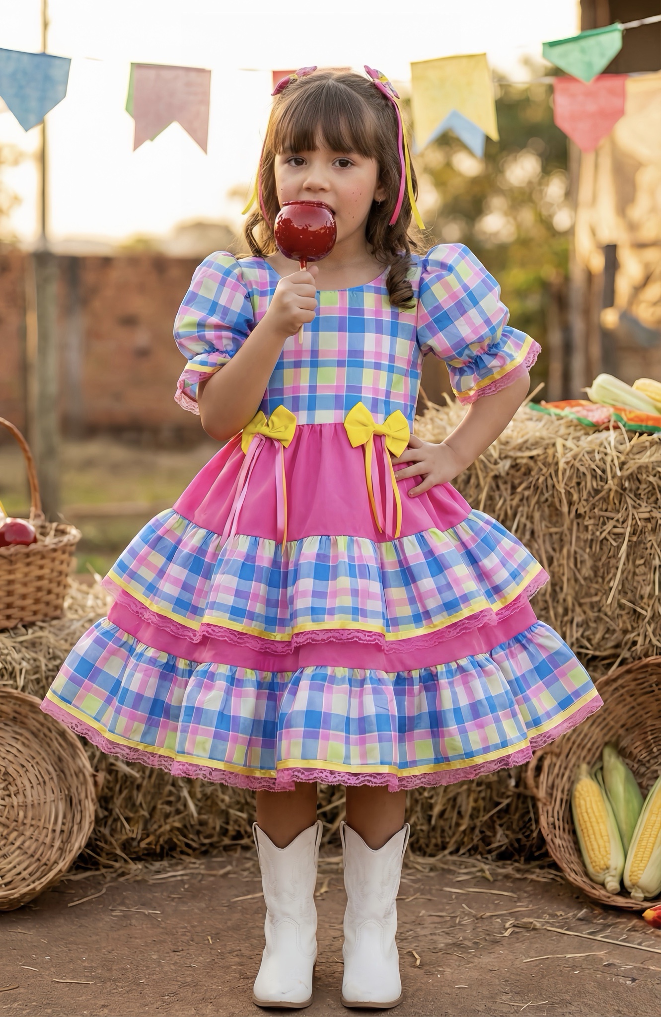 Vestido Infantil Junino Arraiá Capira Xadrez Colorido Azul