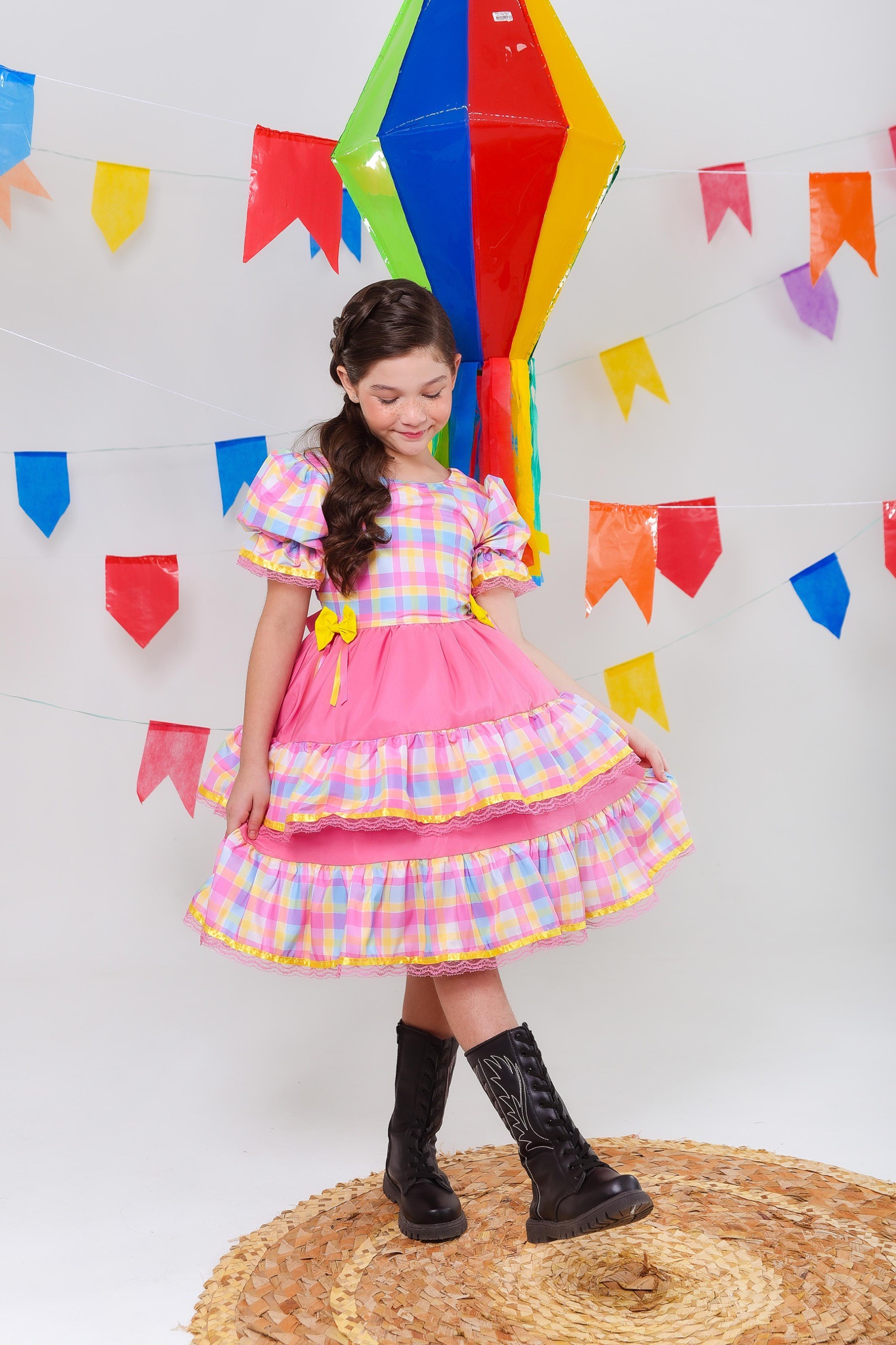 Vestido Infantil Junino Arraiá Capira Xadrez Colorido Rosa