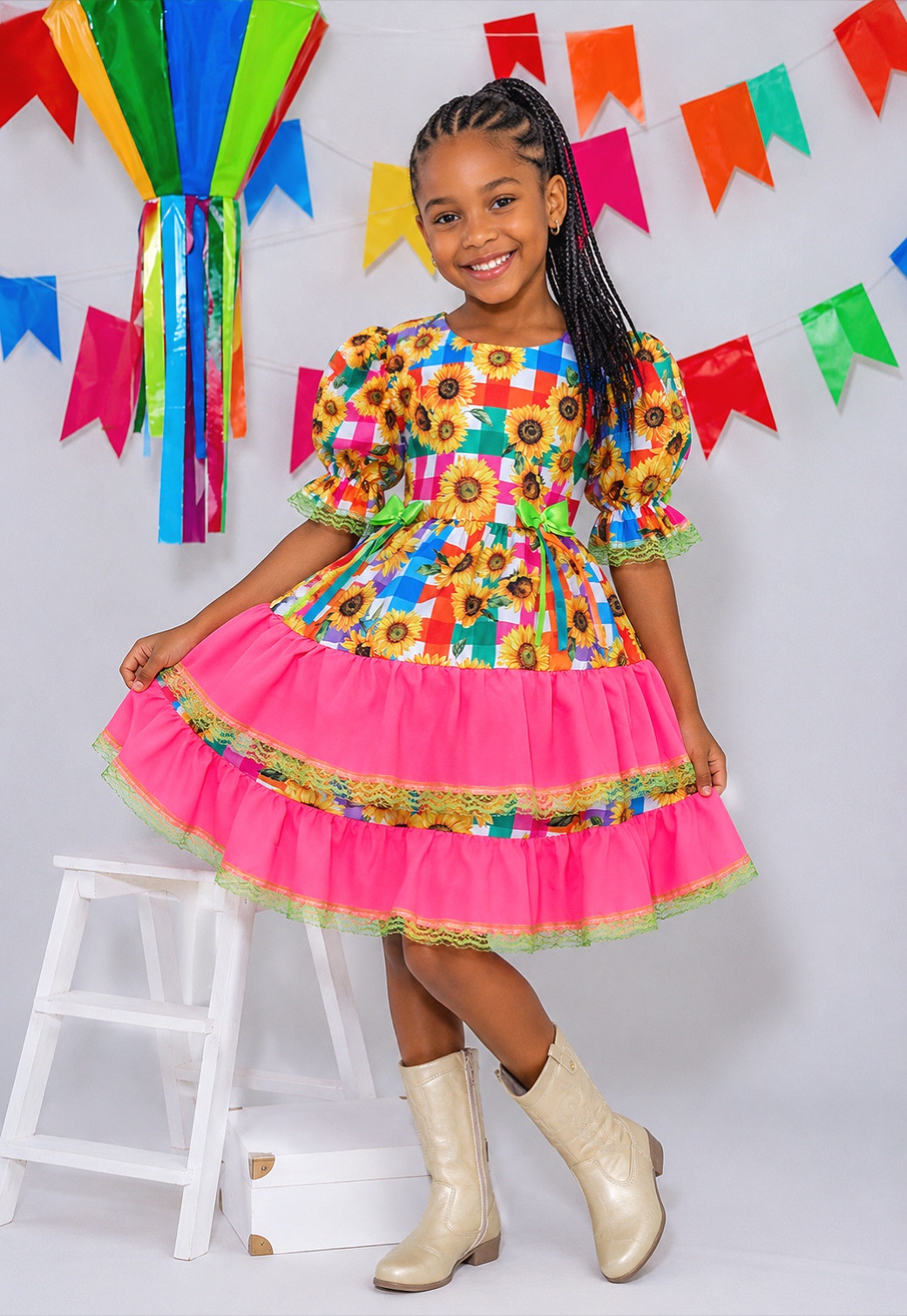 Vestido Infantil Junino Arraiá Colorido Girassol Luxo