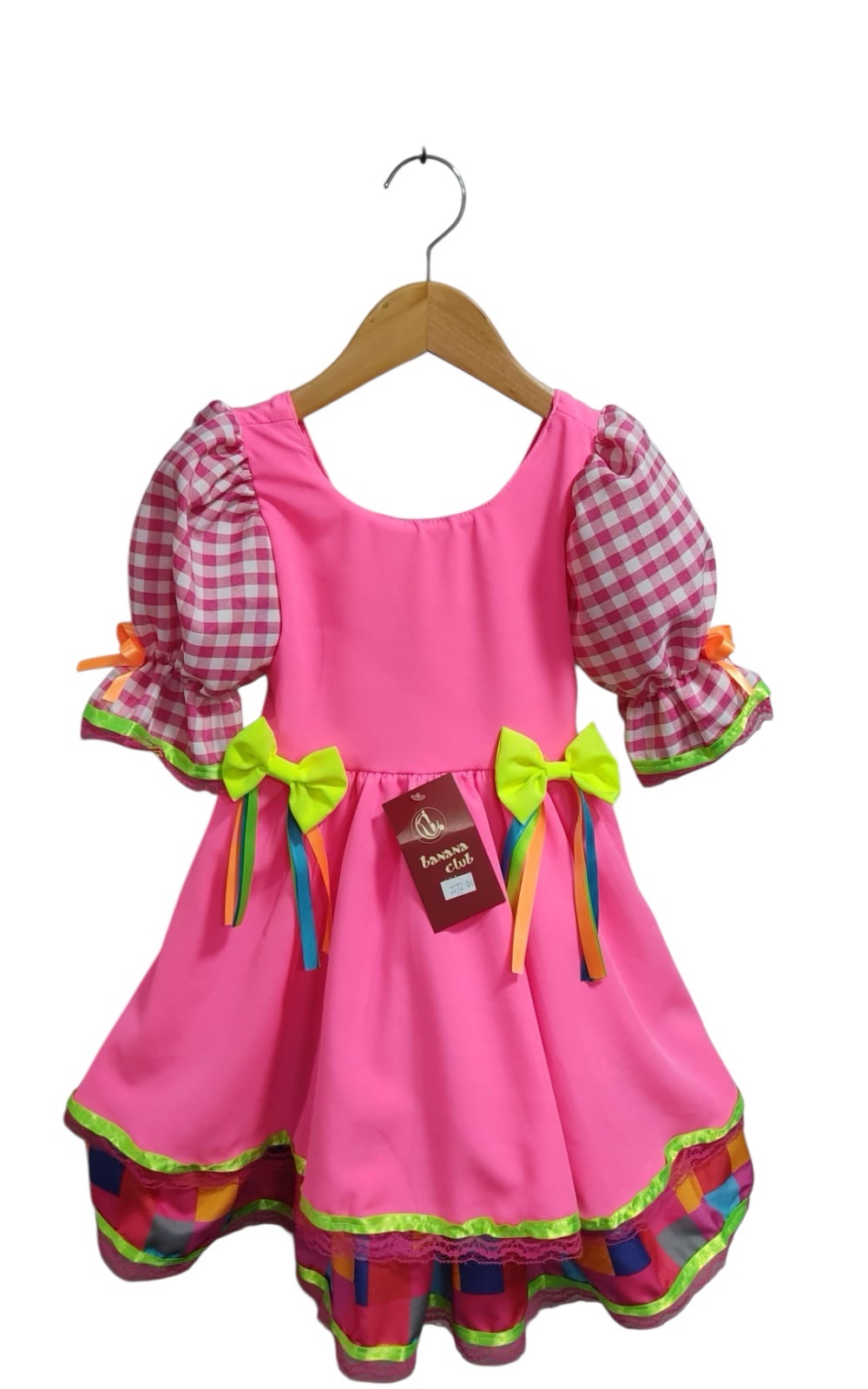 Vestido Infantil Junino Arraiá Colorido Xadrez Rosa Neon