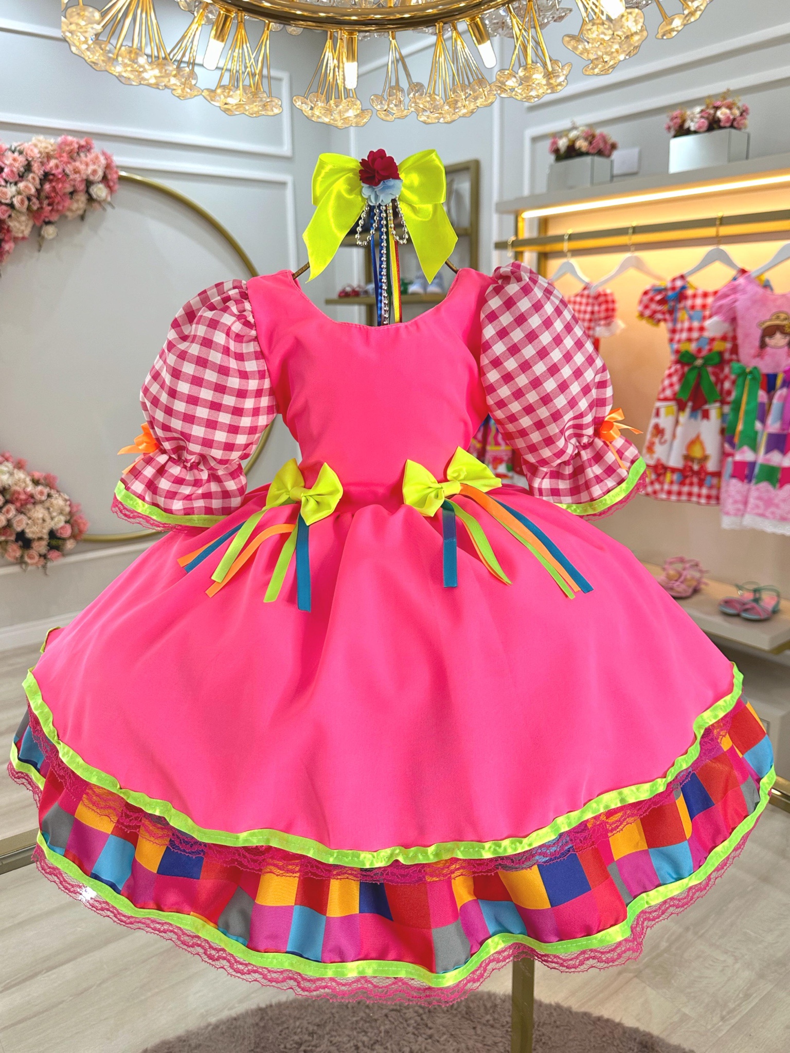 Vestido Infantil Junino Arraiá Colorido Xadrez Rosa Neon