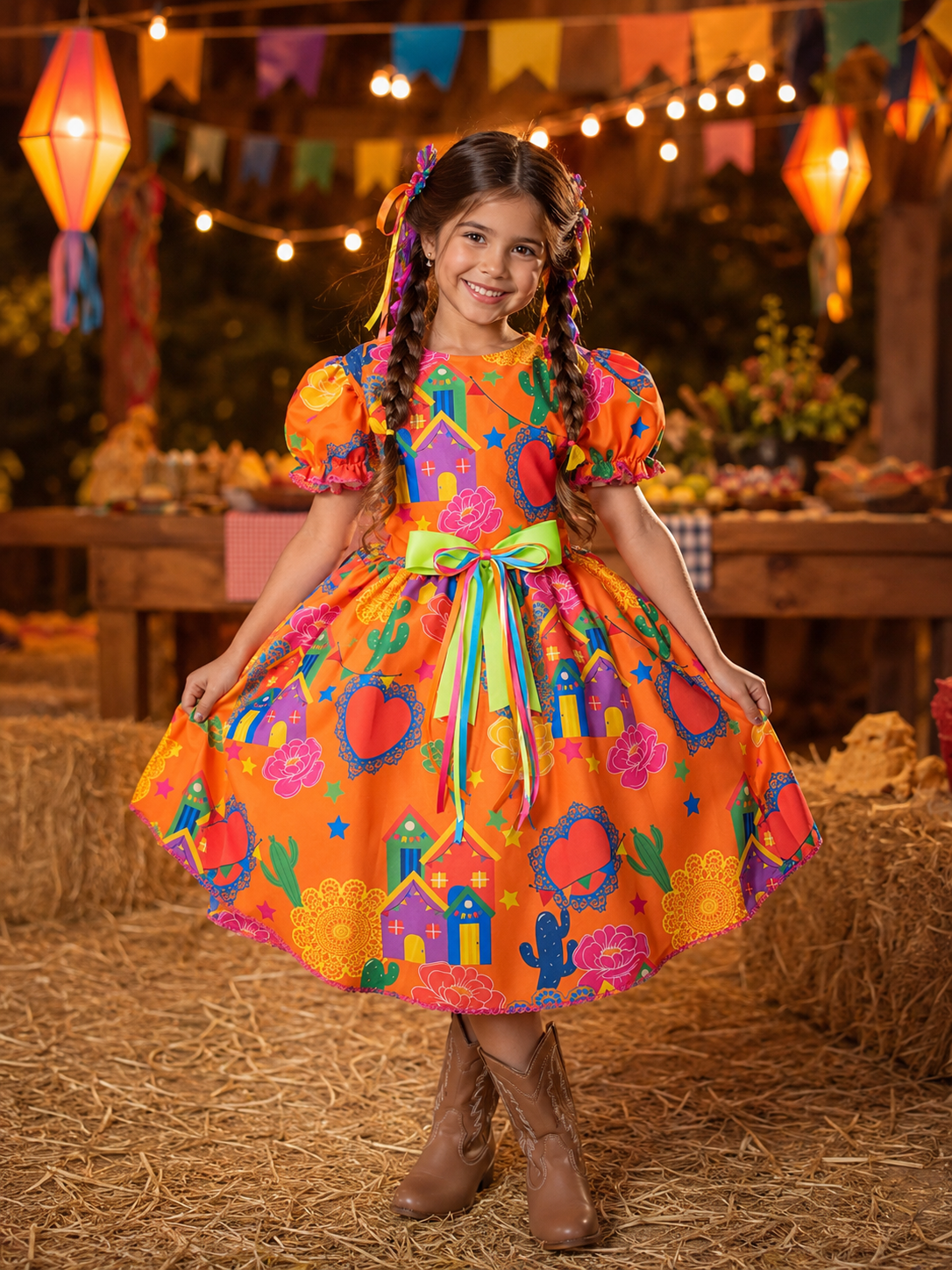 Vestido Infantil Junino Arraiá Cor Laranja Festa São João
