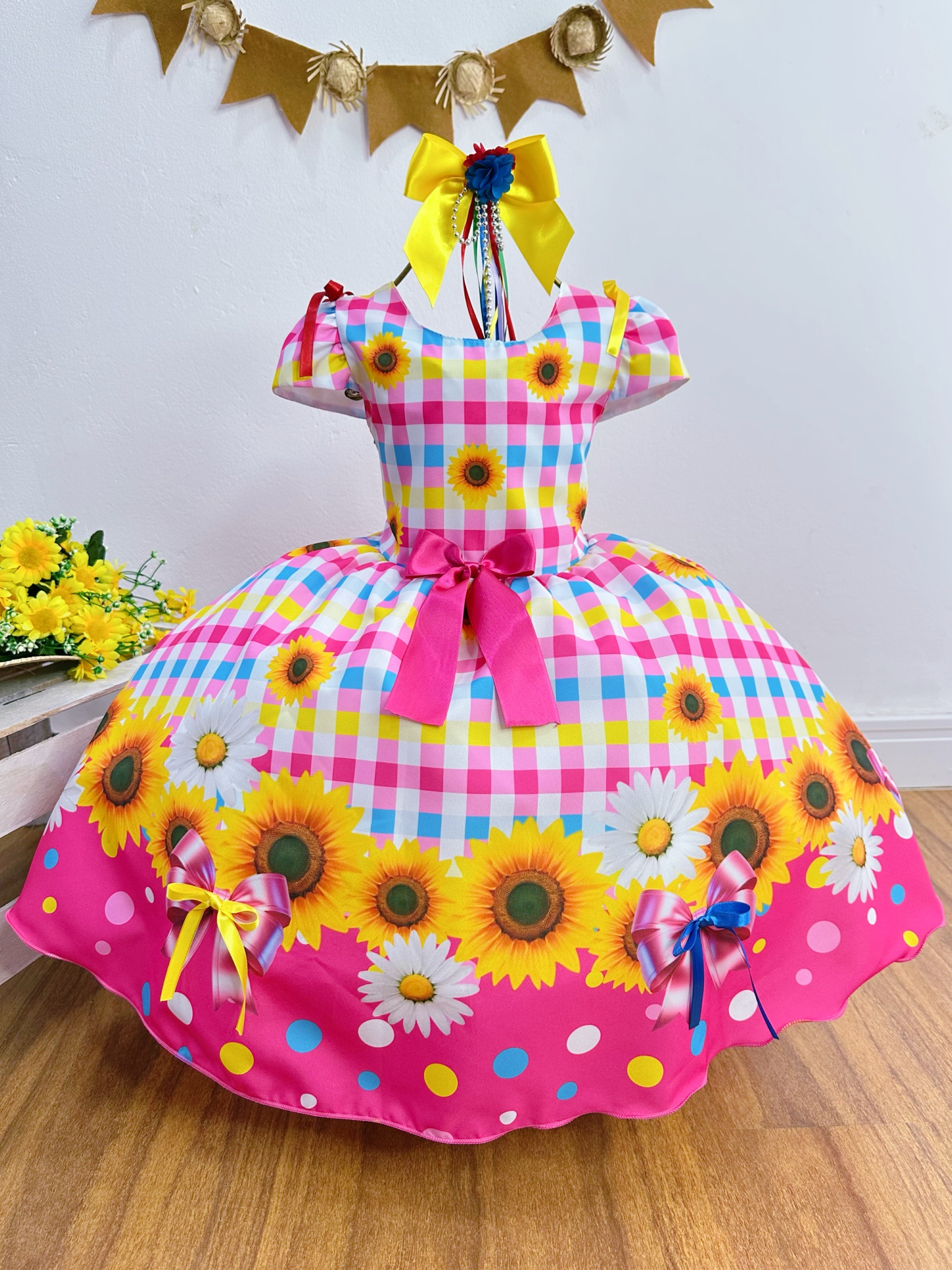 Vestido Infantil Junino Arraiá Festa São João Xadrez Rosa