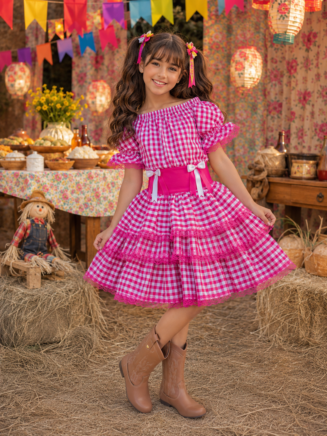 Vestido Infantil Junino Arraiá Festas Pink Xadrez