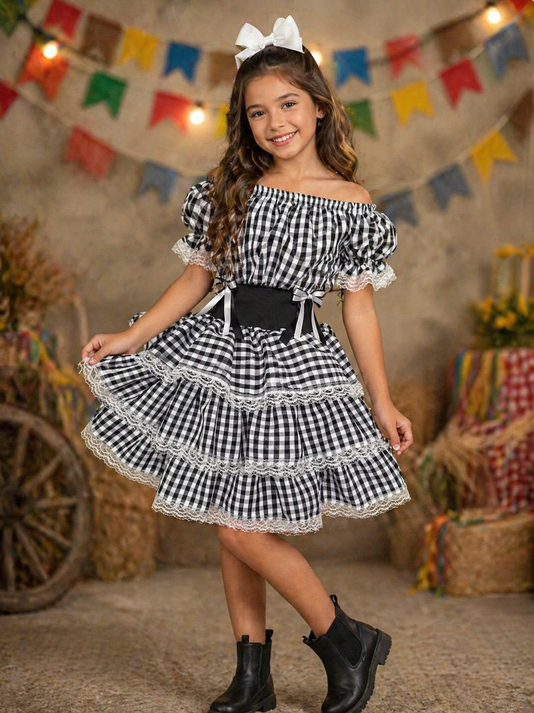 Vestido Infantil Junino Arraiá Festas Preto Xadrez