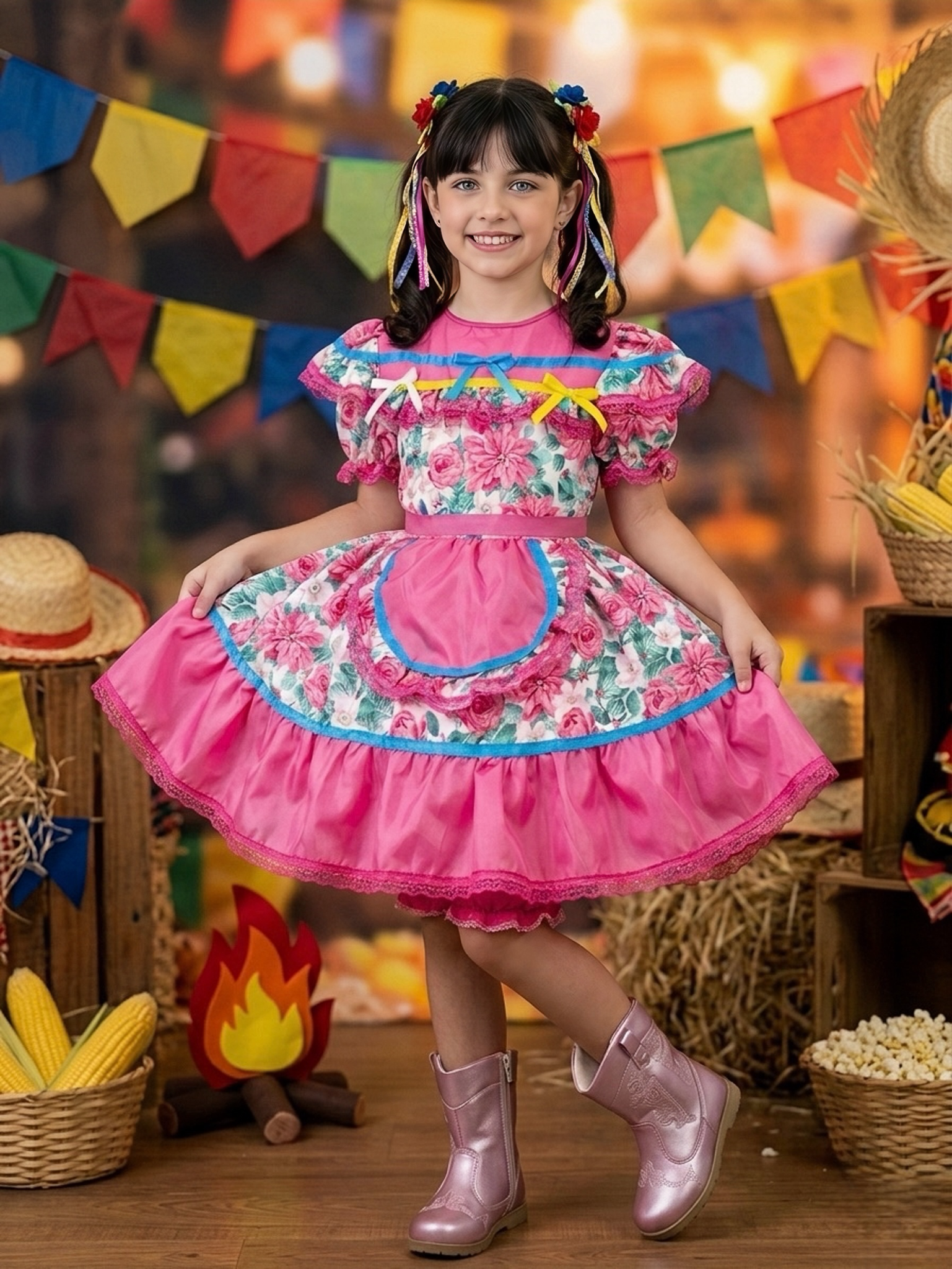 Vestido Infantil Junino Arraiá Festas Rosa Colorido Florzinhas