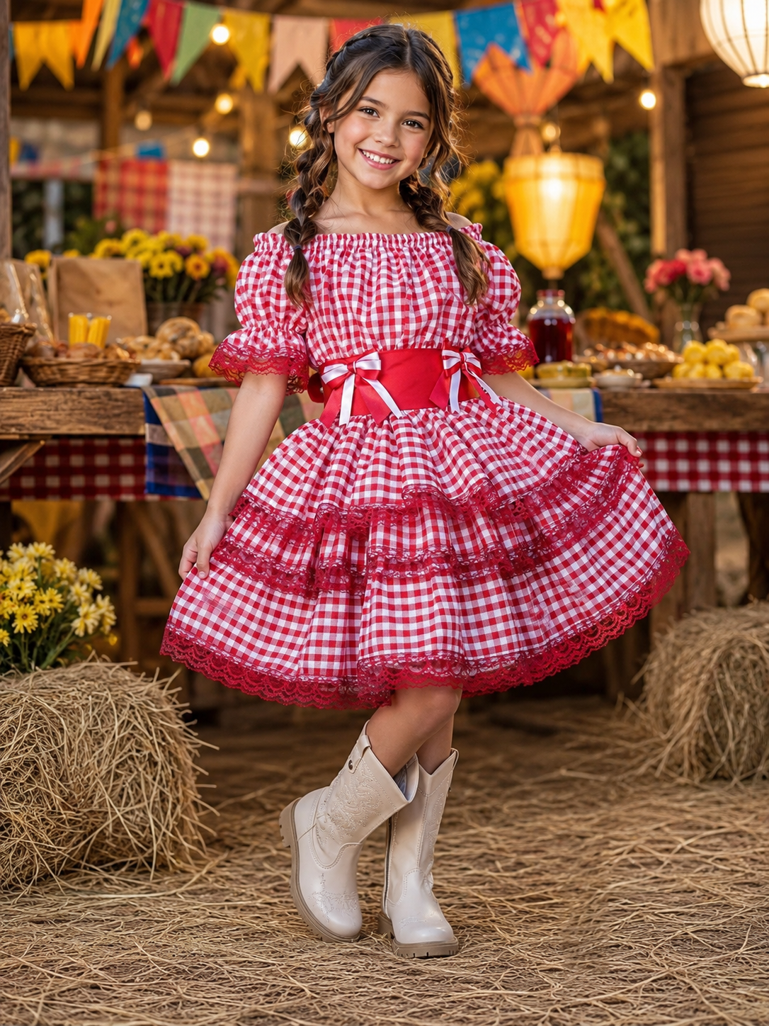 Vestido Infantil Junino Arraiá Festas Vermelho Xadrez