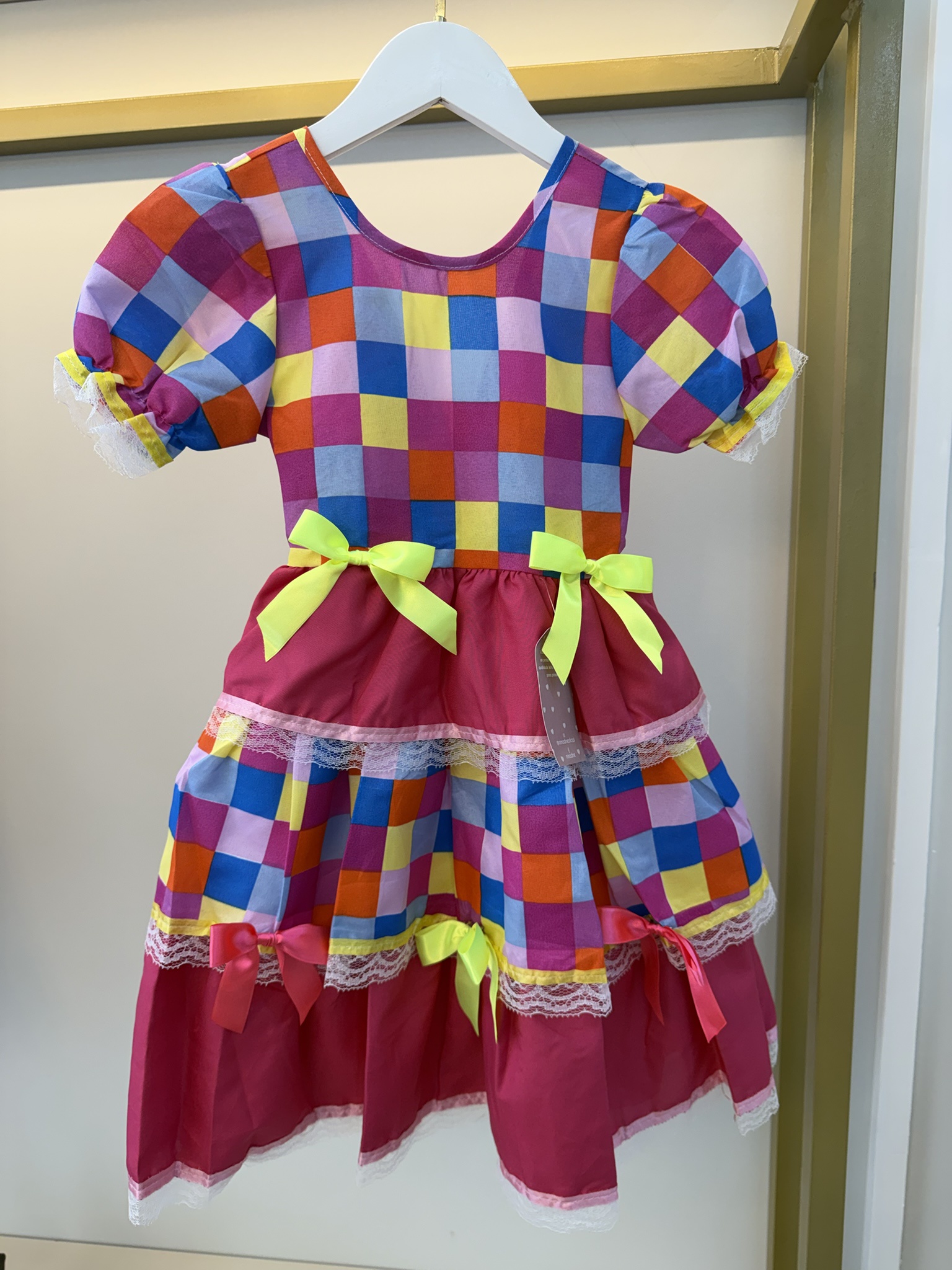Vestido Infantil Junino Arraiá Pink Colorido Xadrez Laços