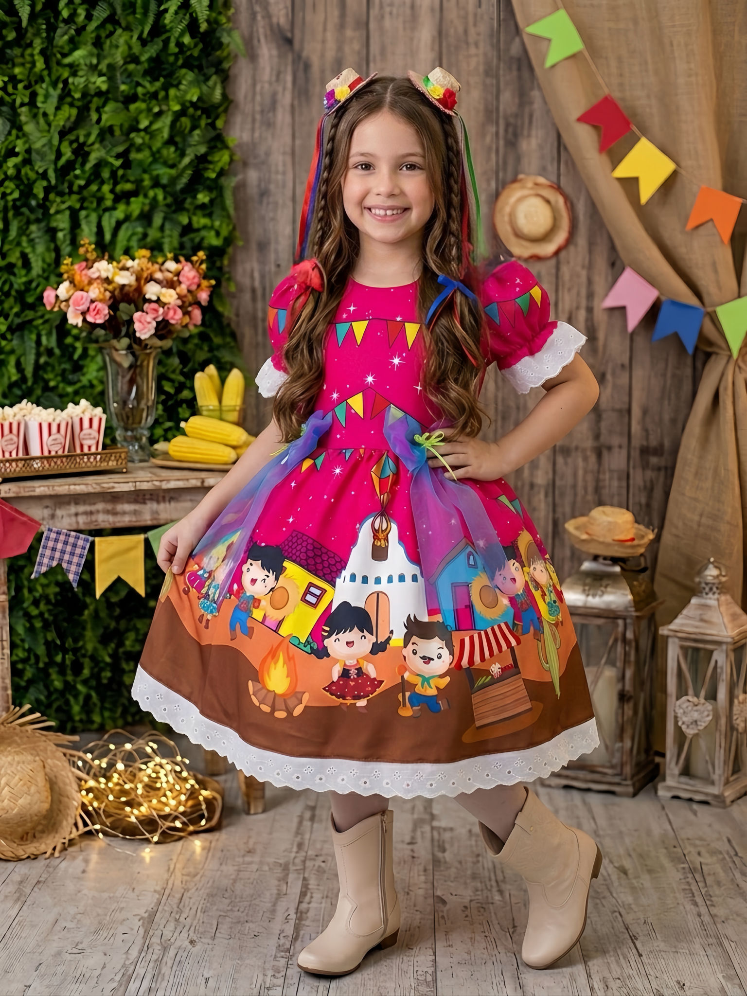 Vestido Infantil Junino Arraiá Pink Festa São João