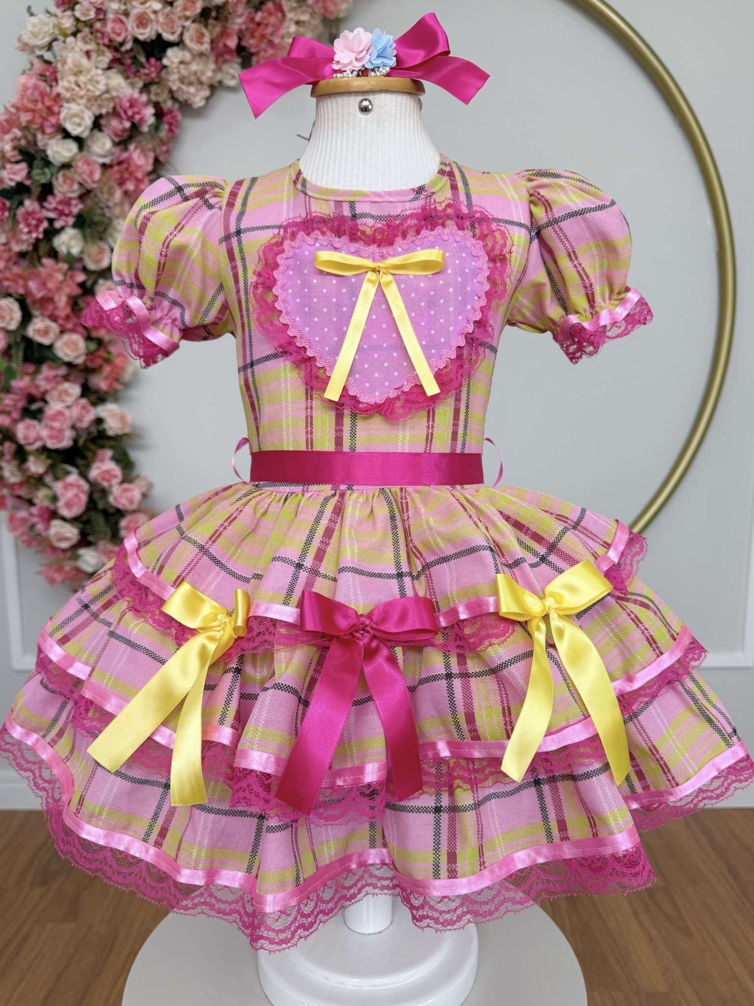 Vestido Infantil Junino Arraiá Rosa Chiclete Xadrez Colorido