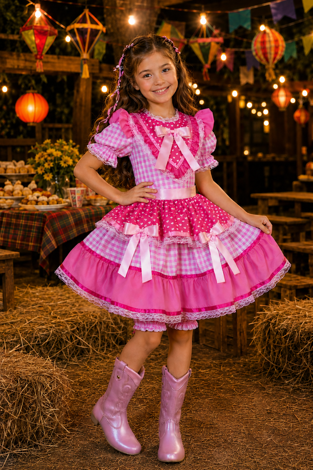 Vestido Infantil Junino Arraiá Rosa Estampa Coraçõezinhos