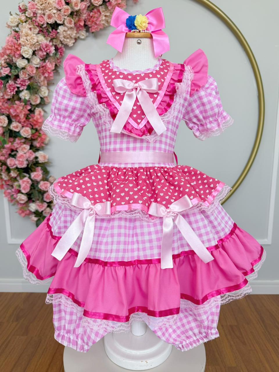 Vestido Infantil Junino Arraiá Rosa Estampa Coraçõezinhos