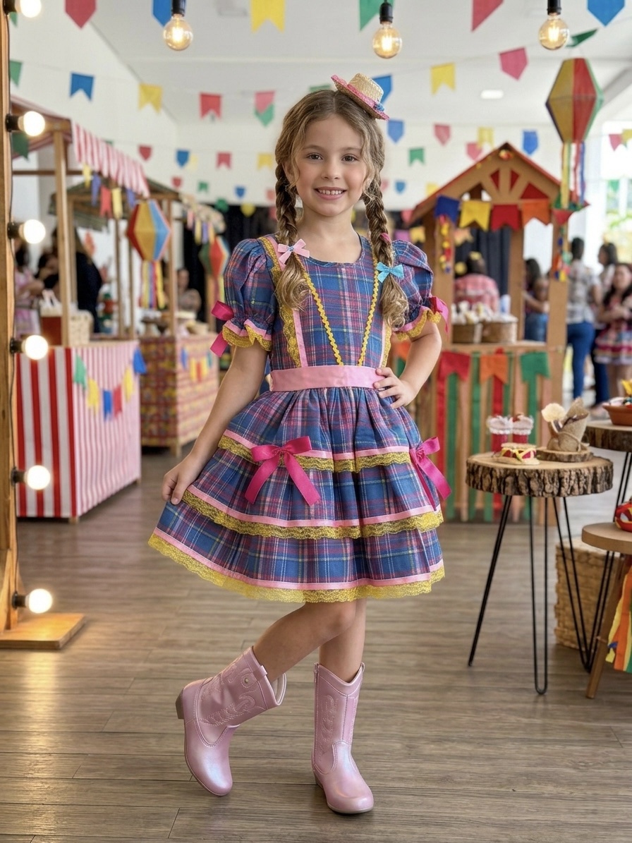 Vestido Infantil Junino Arraiá Rosa Xadrez Colorido