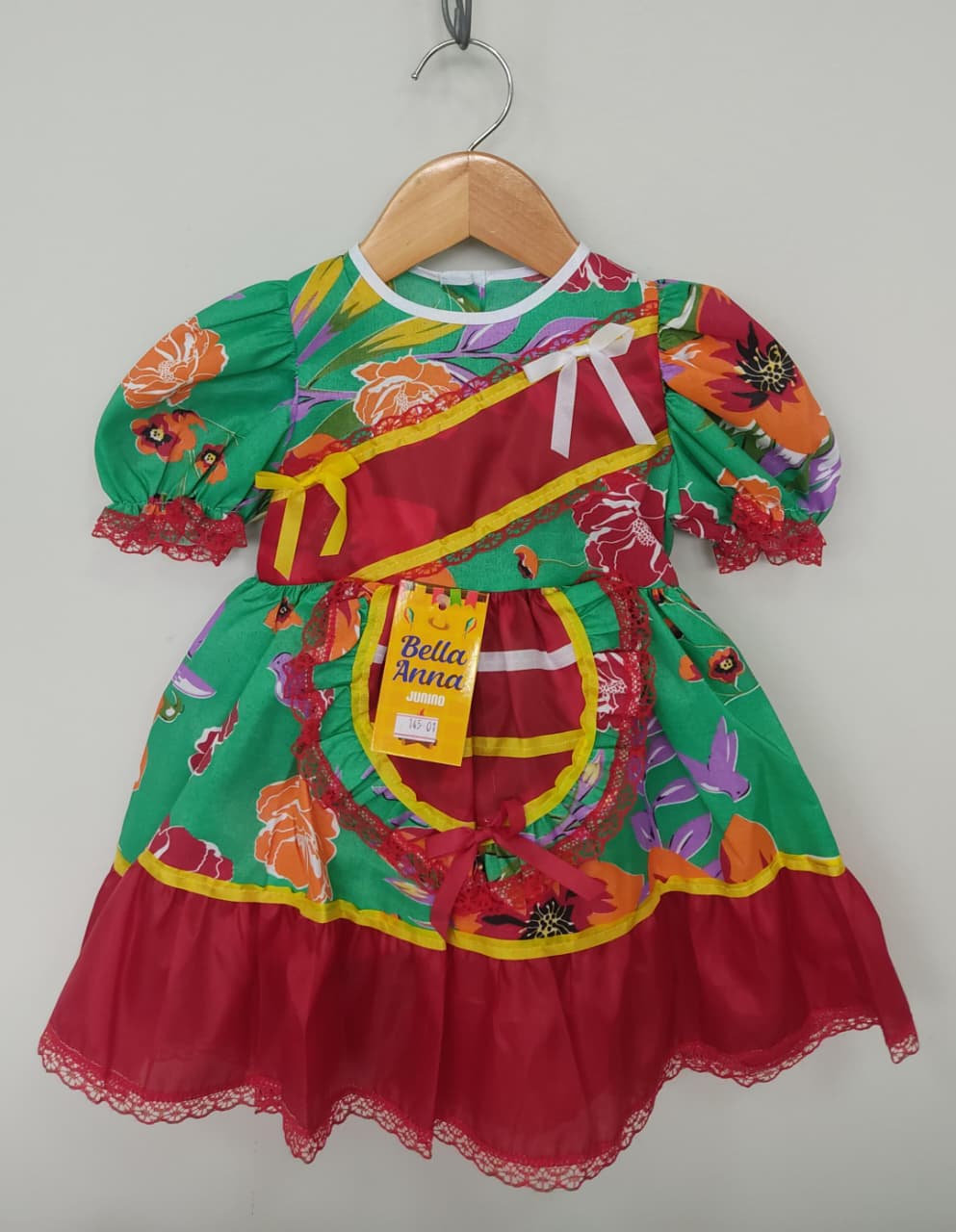 Vestido Infantil Junino Arraiá Verde e Vermelho Colorido