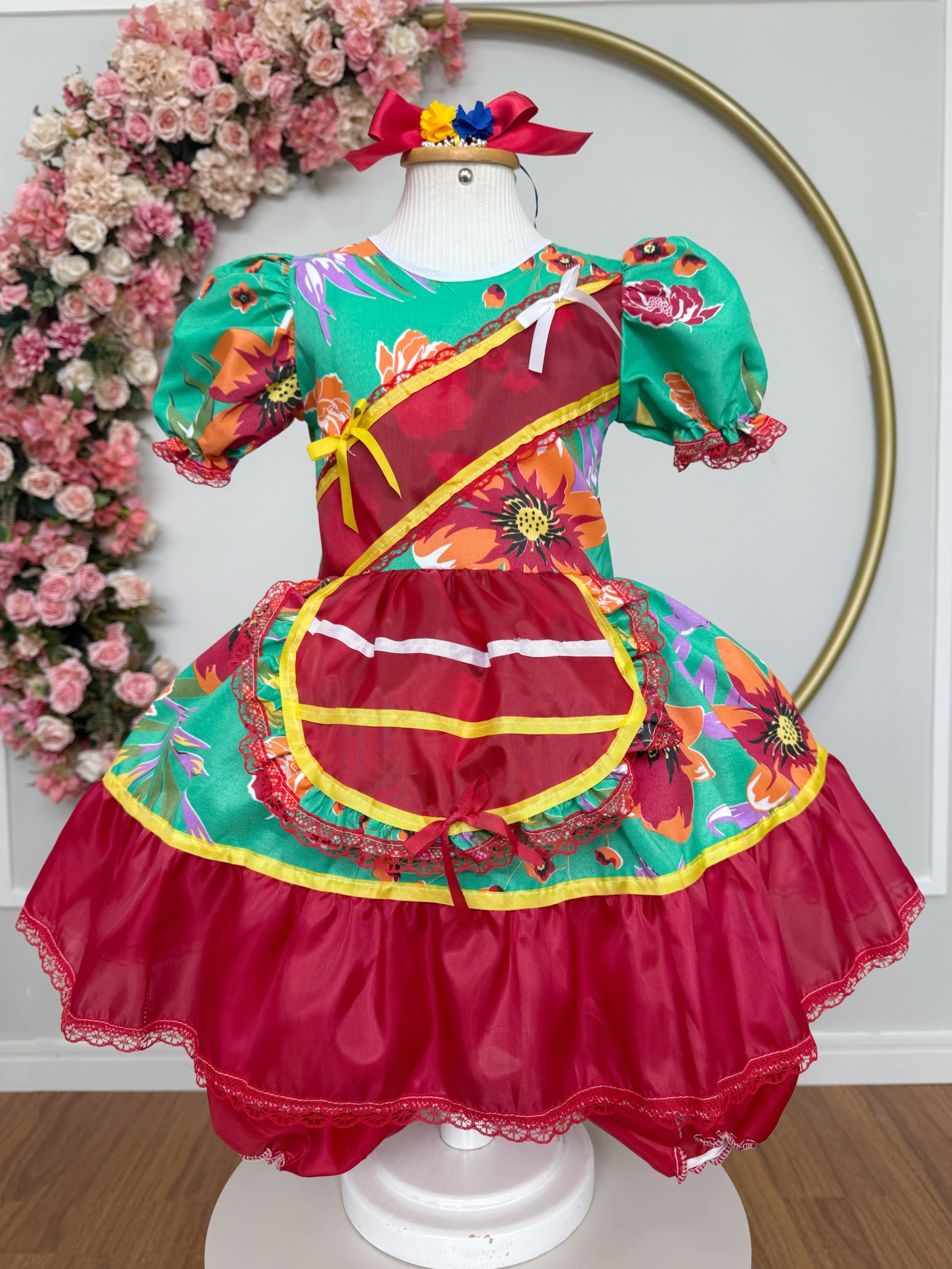 Vestido Infantil Junino Arraiá Verde e Vermelho Colorido