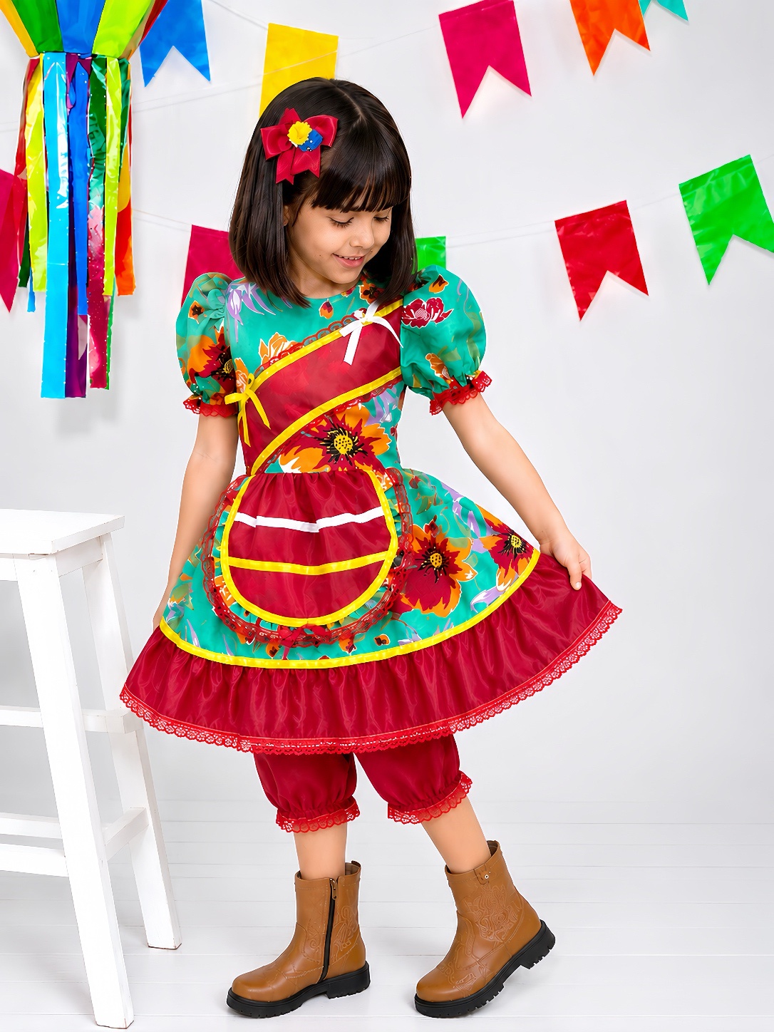 Vestido Infantil Junino Arraiá Verde e Vermelho