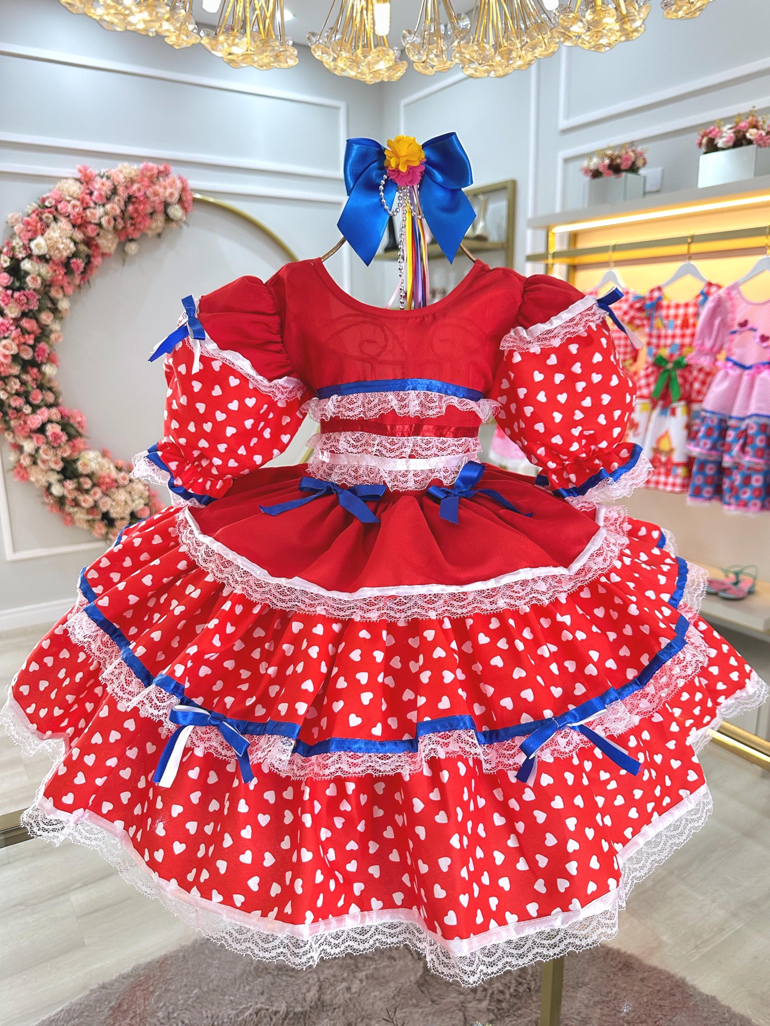 Vestido Infantil Junino Arraiá Vermelho C/ Desenho Corações