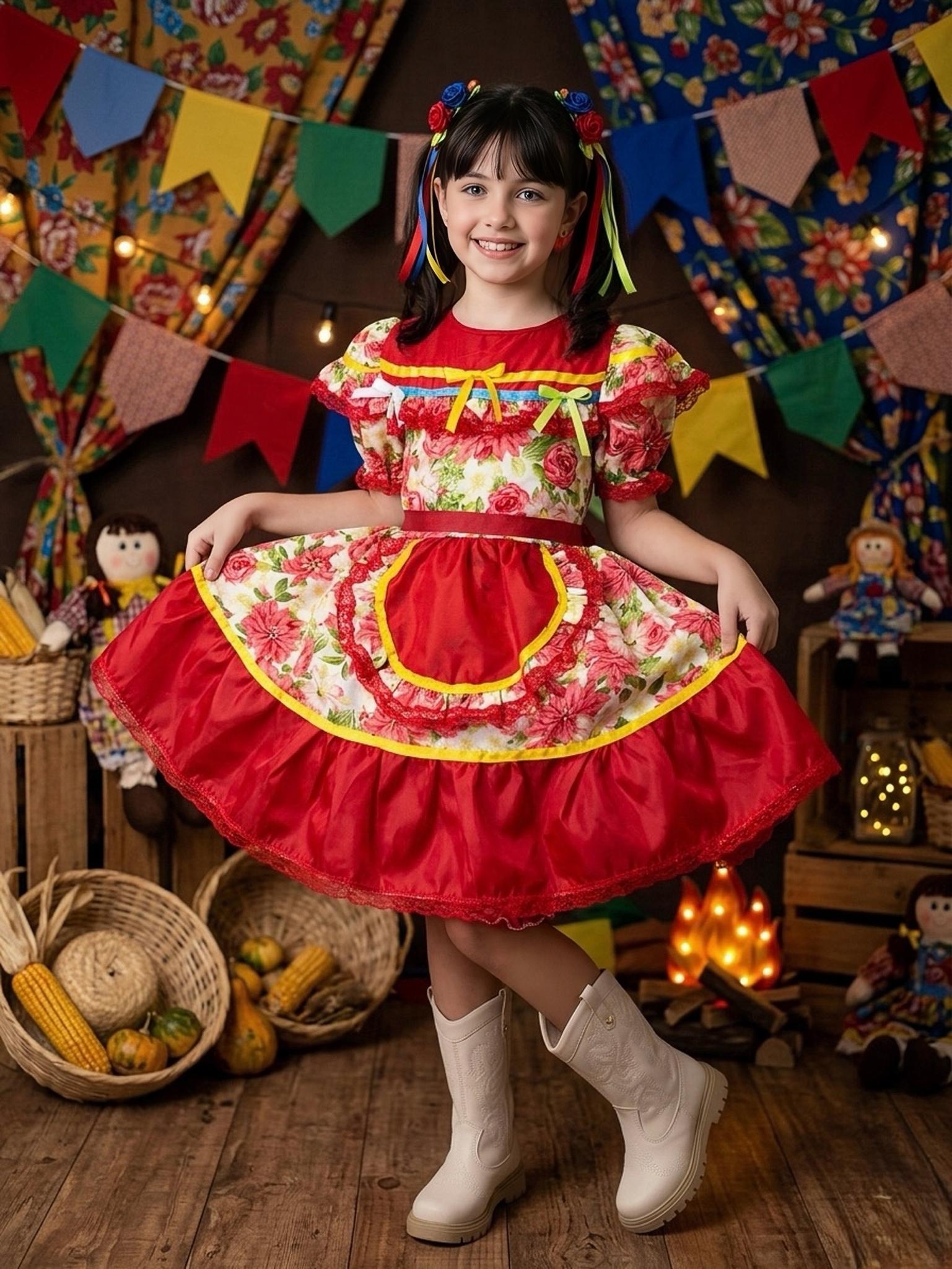 Vestido Infantil Junino Arraiá Vermelho Colorido Florzinhas