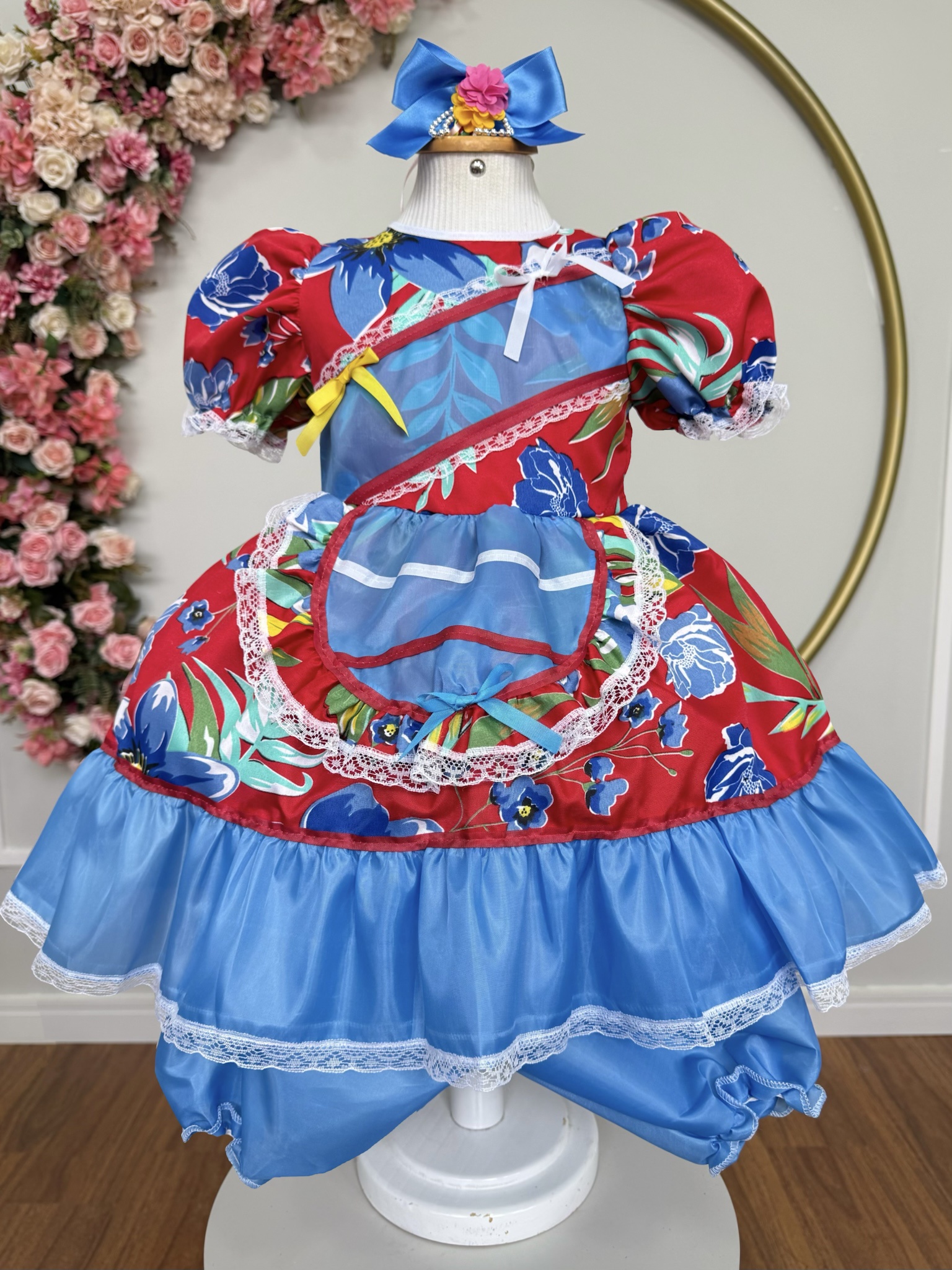 Vestido Infantil Junino Arraiá Vermelho e Azul Colorido