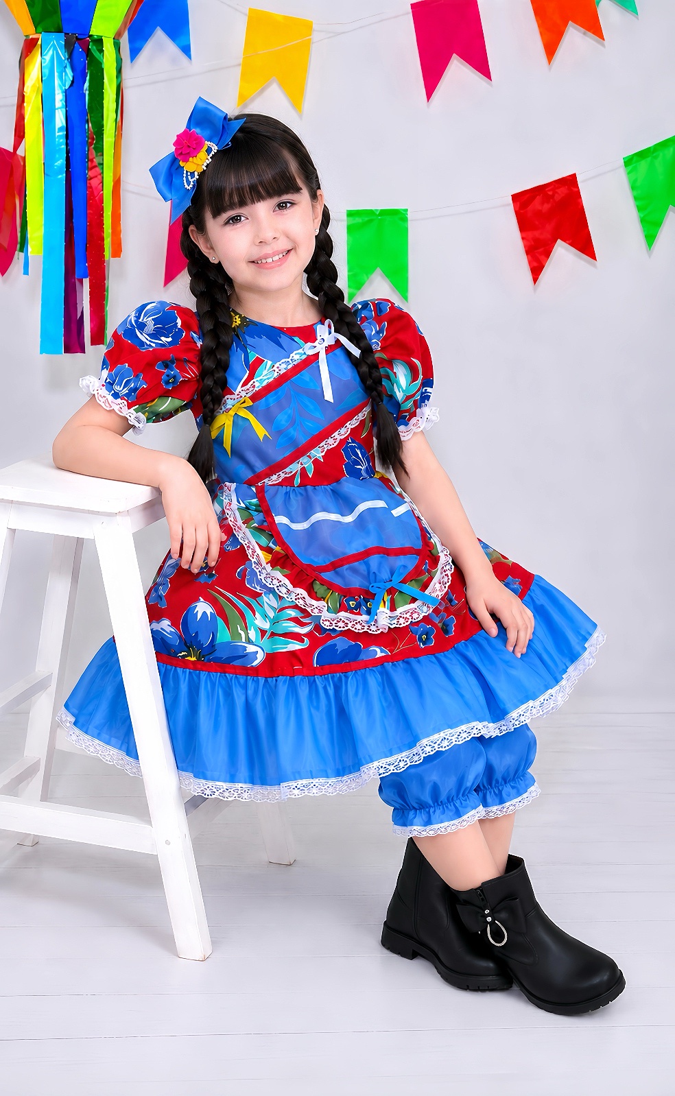 Vestido Infantil Junino Arraiá Vermelho e Azul Colorido