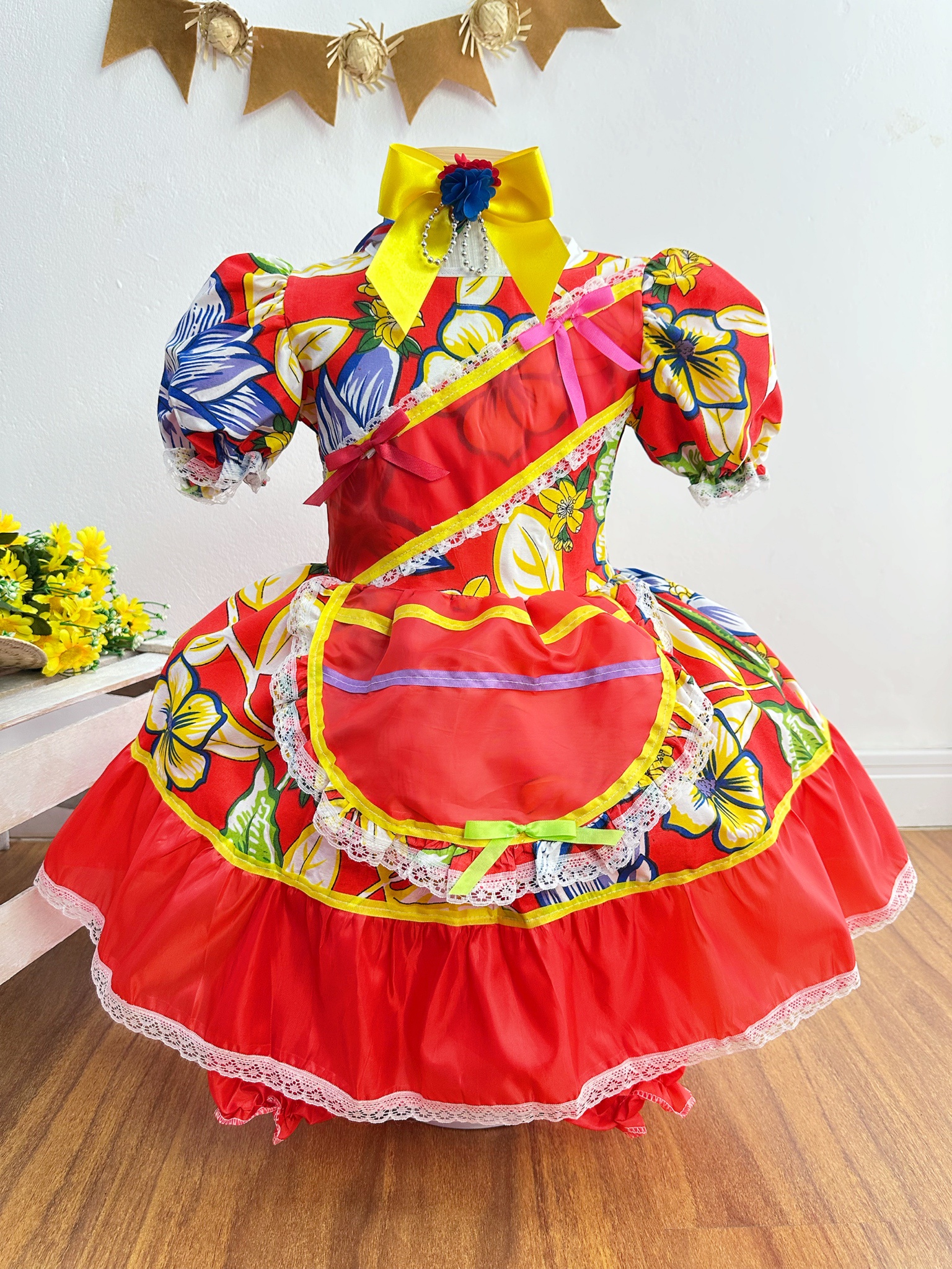 Vestido Infantil Junino Arraiá Vermelho Florzinhas Coloridas