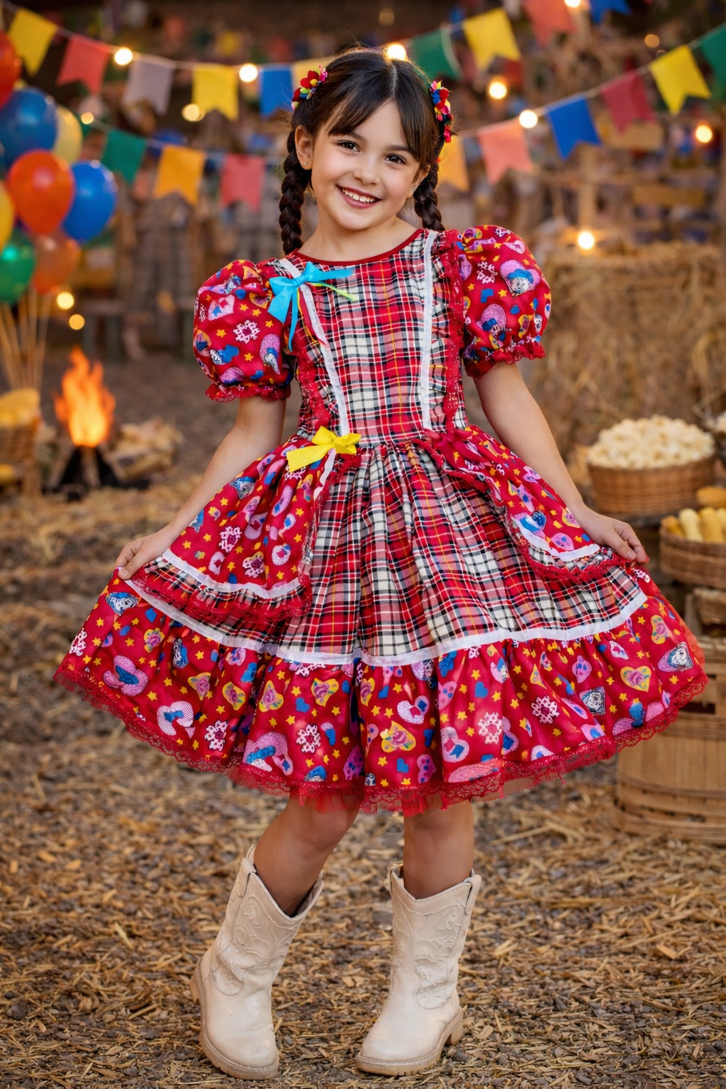 Vestido Infantil Junino Arraiá Vermelho Xadrez Colorido Florzinhas