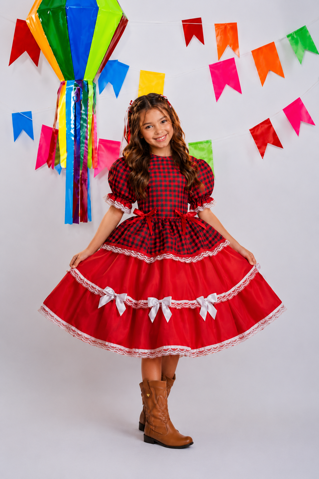 Vestido Infantil Junino Arraiá Vermelho Xadrez Laços e Rendas