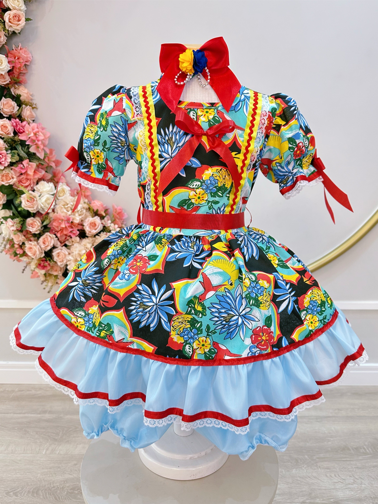 Vestido Infantil Junino Arrraiá Azul Com Estampa Colorida