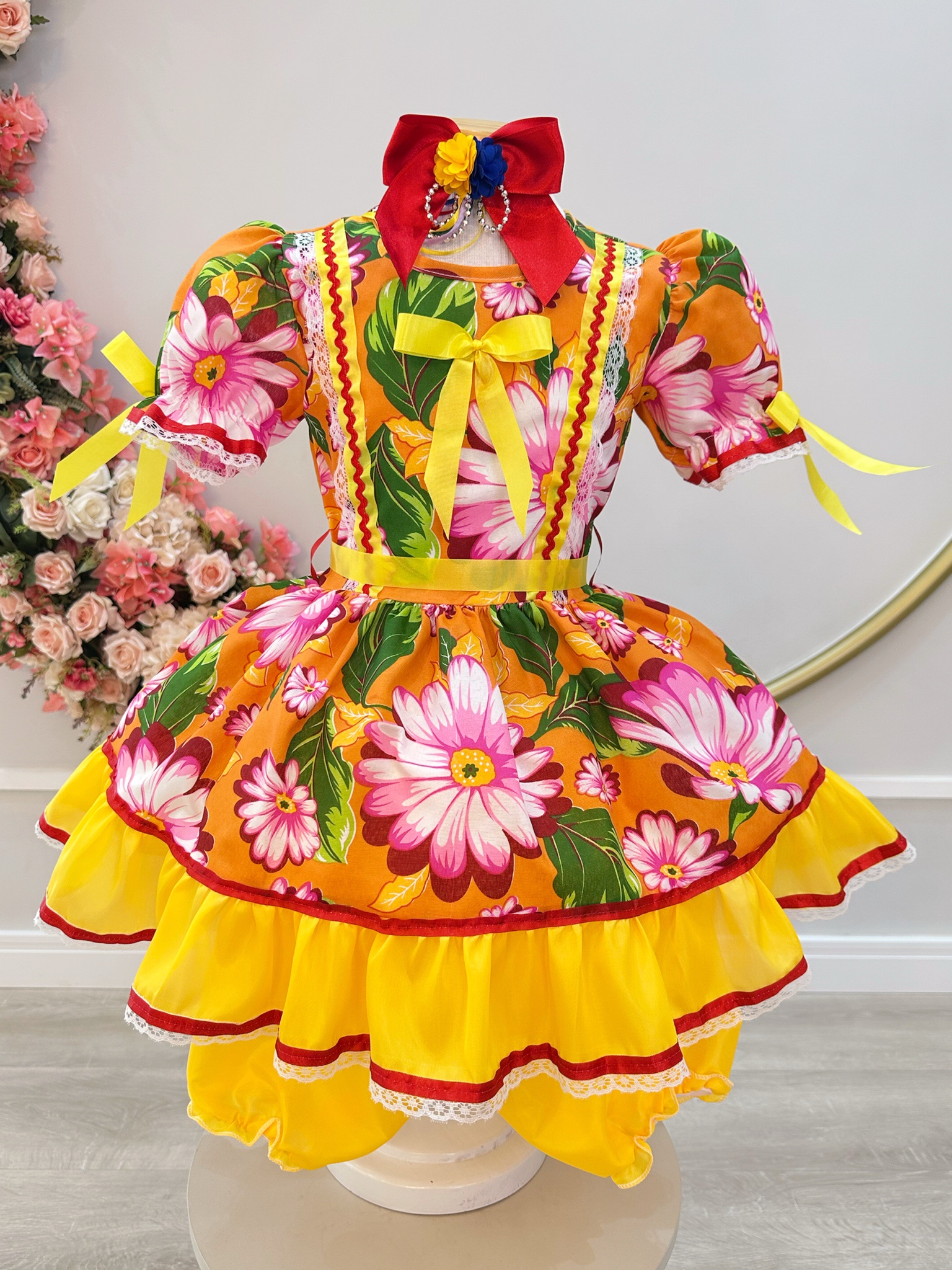 Vestido Infantil Junino Arrraiá Laranja Com Estampa Colorida