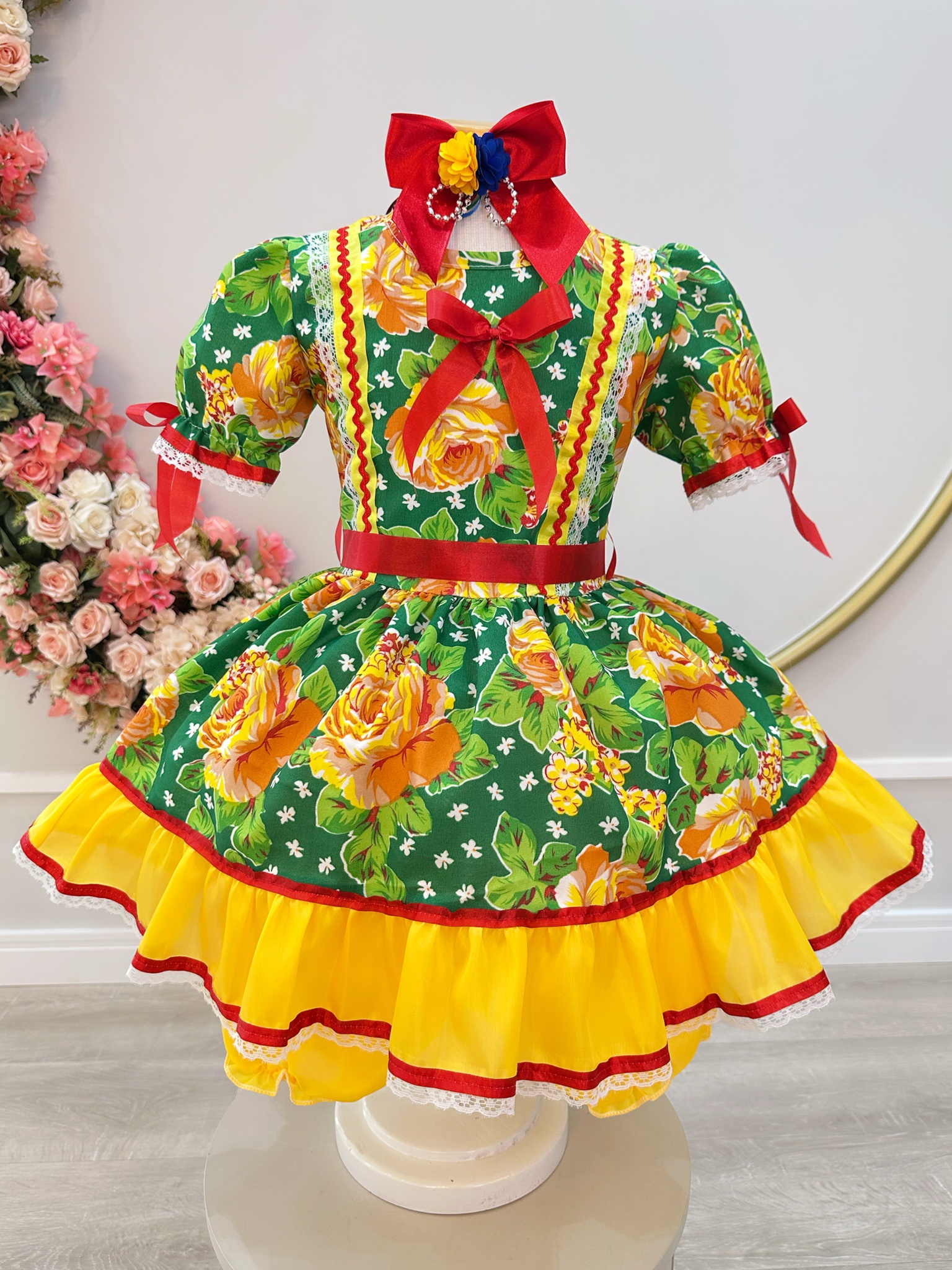 Vestido Infantil Junino Arrraiá Verde Com Estampa Colorida