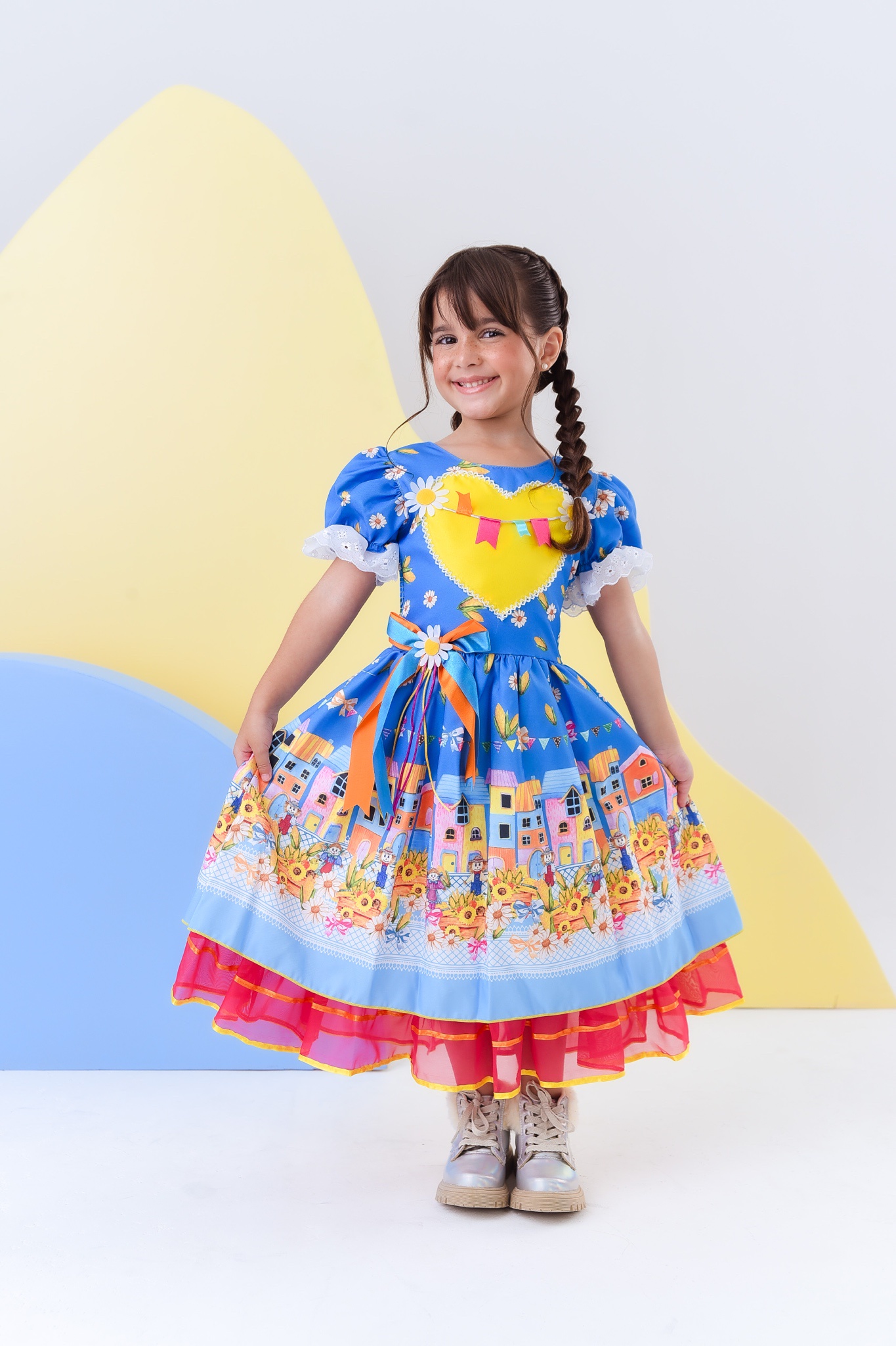 Vestido Infantil Junino Azul Colorido Festa Folia Premium
