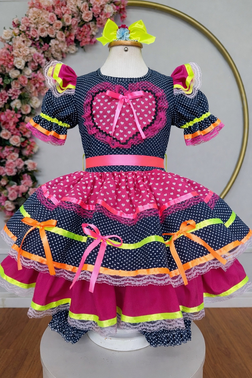 Vestido Infantil Junino Azul Marinho Colorido C/ Babados Luxo
