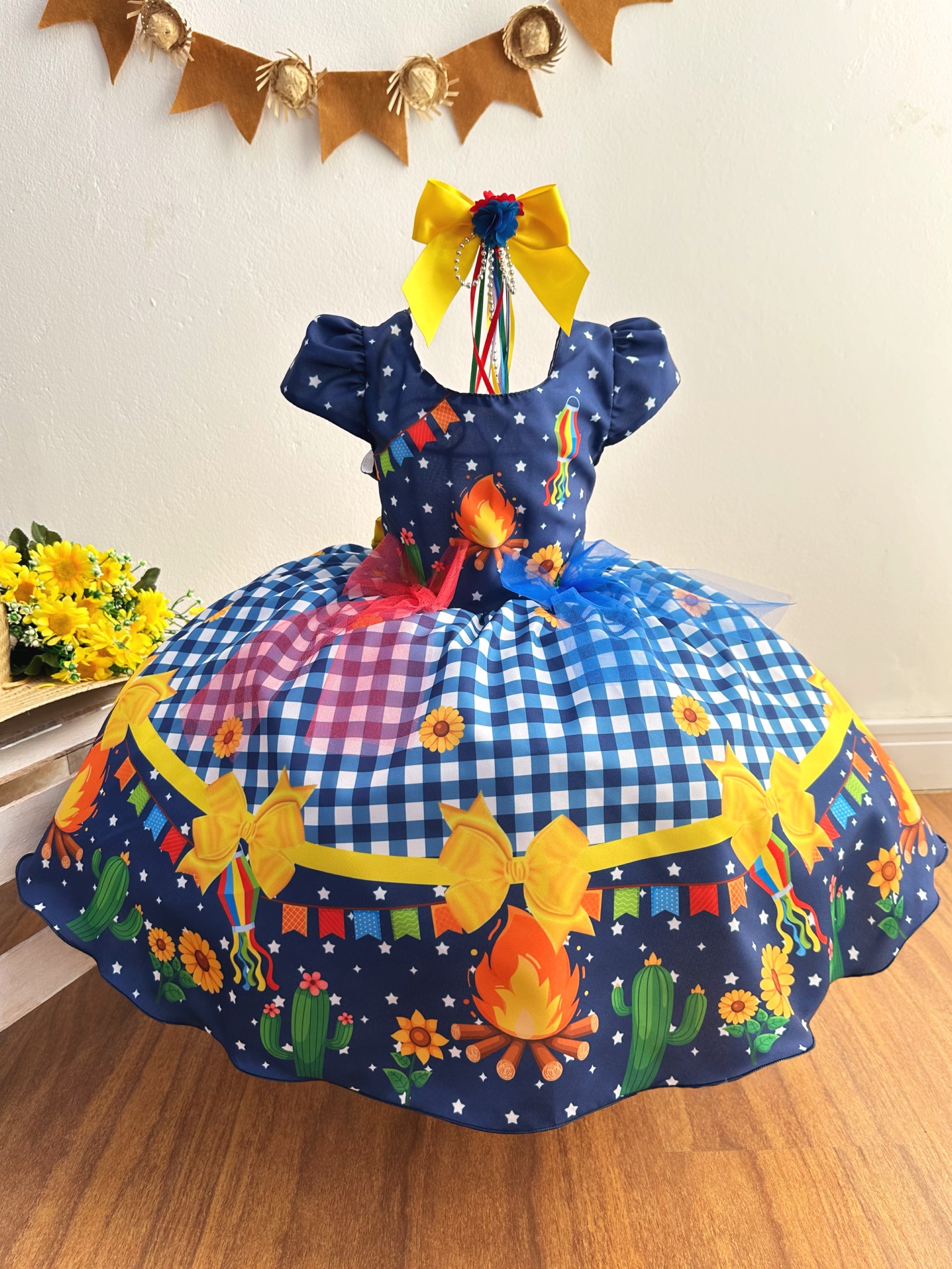 Vestido Infantil Junino Azul Xadrez Colorido Festa São João