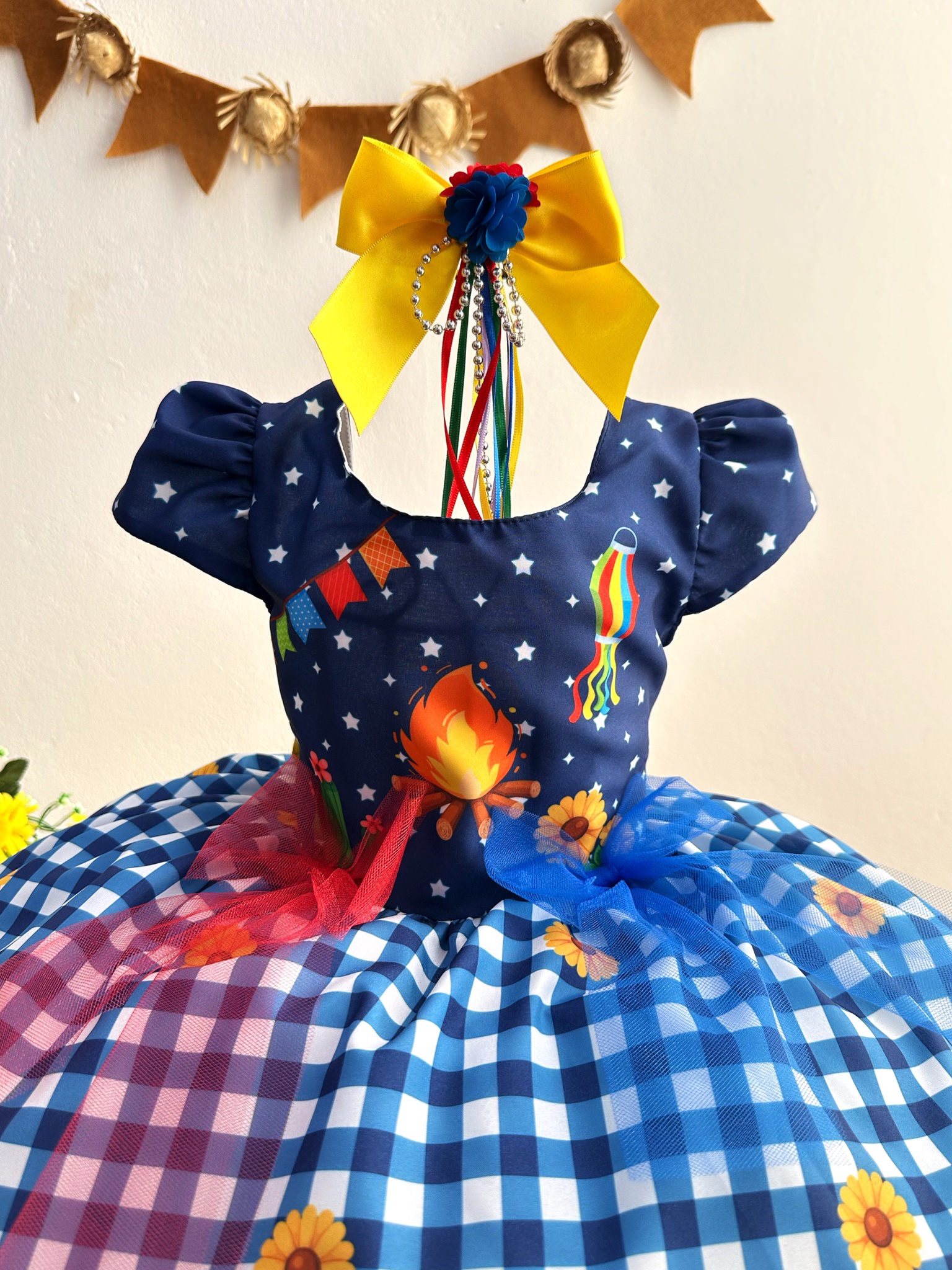 Vestido Infantil Junino Azul Xadrez Colorido Festa São João - Rosa ...