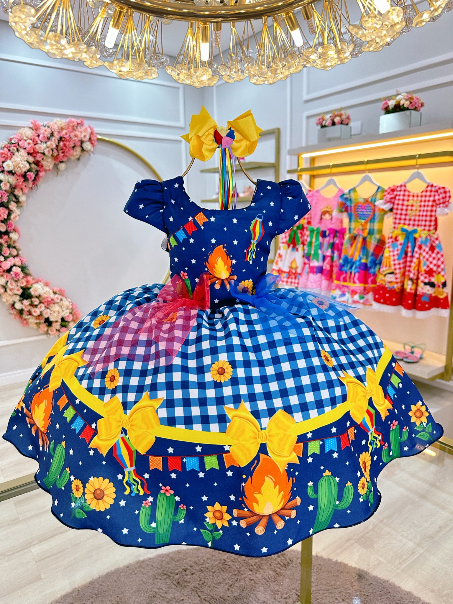 Vestido Infantil Junino Azul Xadrez Colorido Festa São João