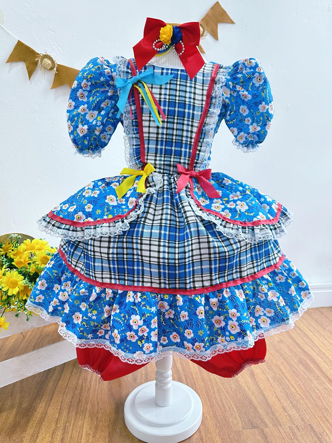 Vestido Infantil Junino Azul Xadrez Colorido Florzinhas