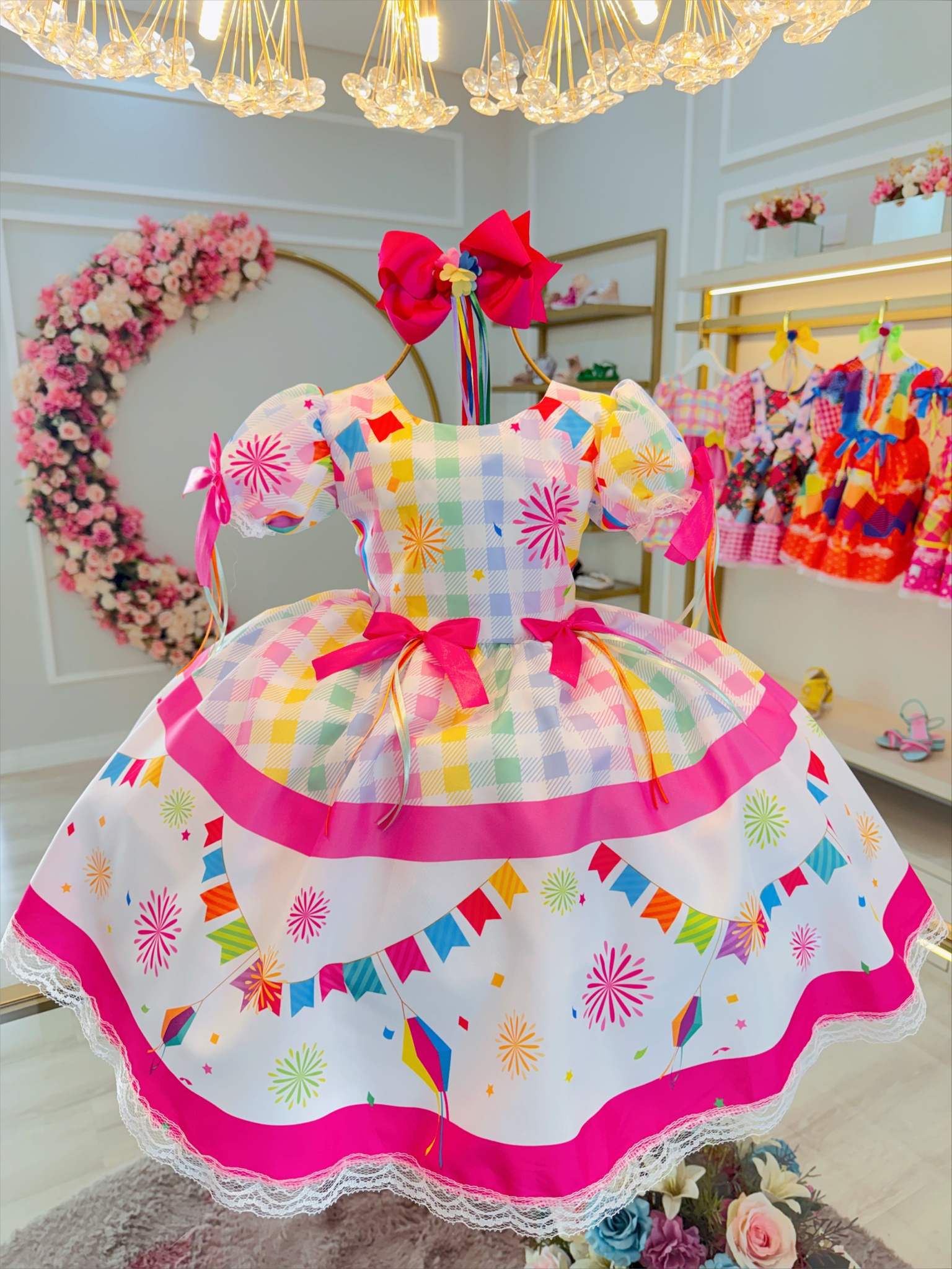 Vestido Infantil Junino Branco Xadrez Colorido Luxo Festas