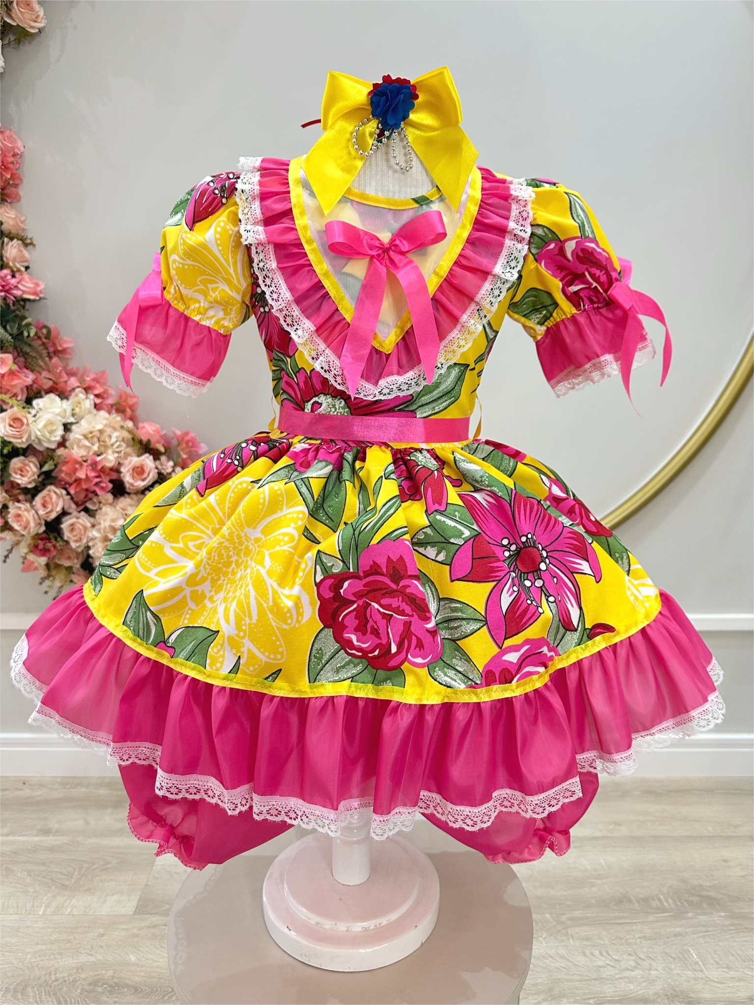 Vestido Infantil Junino Caipira Amarelo Colorido Florido