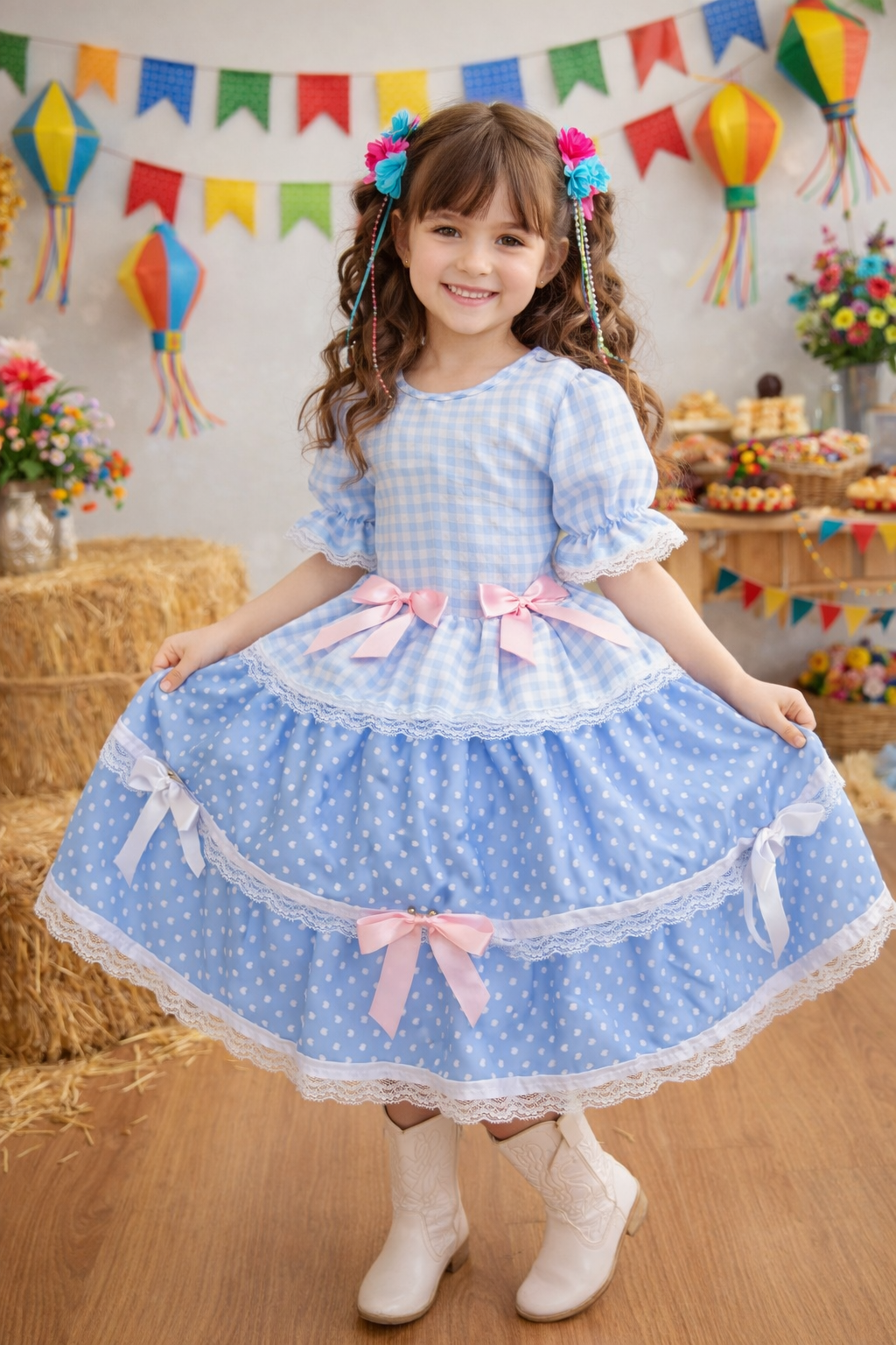 Vestido Infantil Junino Caipira Arraiá Azul Claro Xadrez Laços