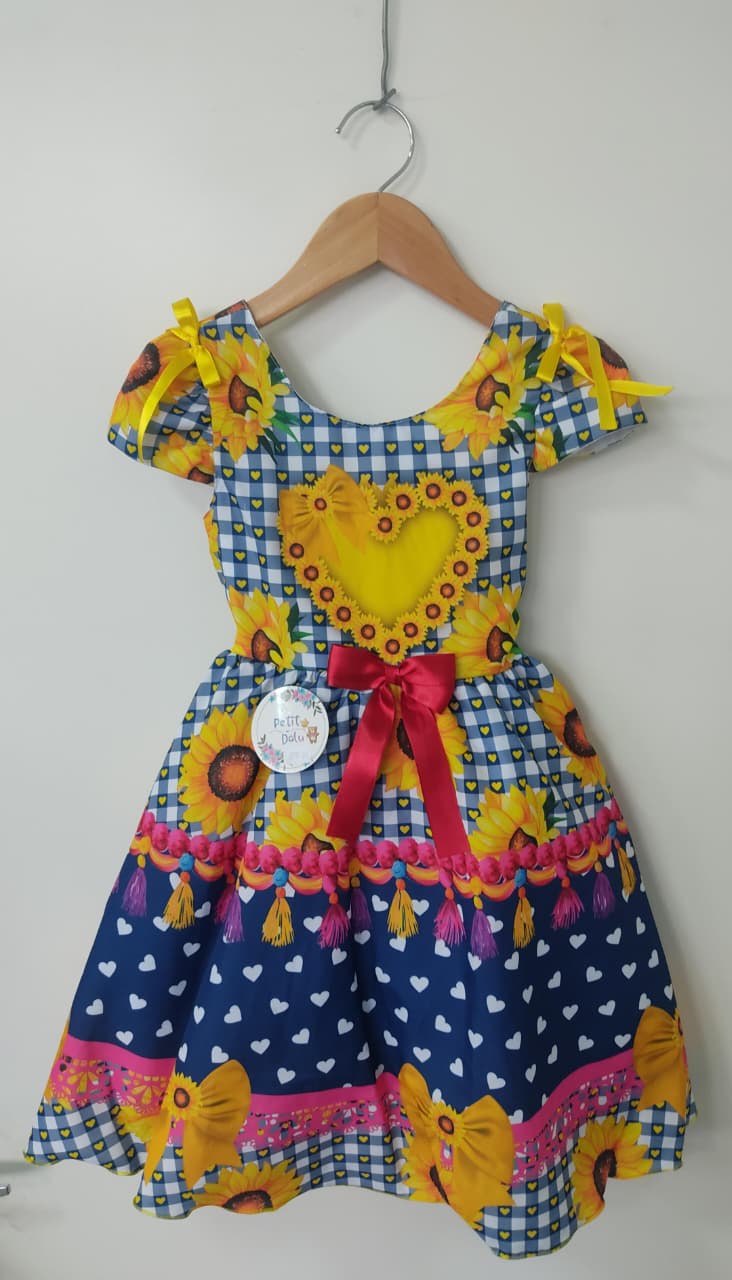 Vestido Infantil Junino Caipira Arraiá Azul Colorido Girassol