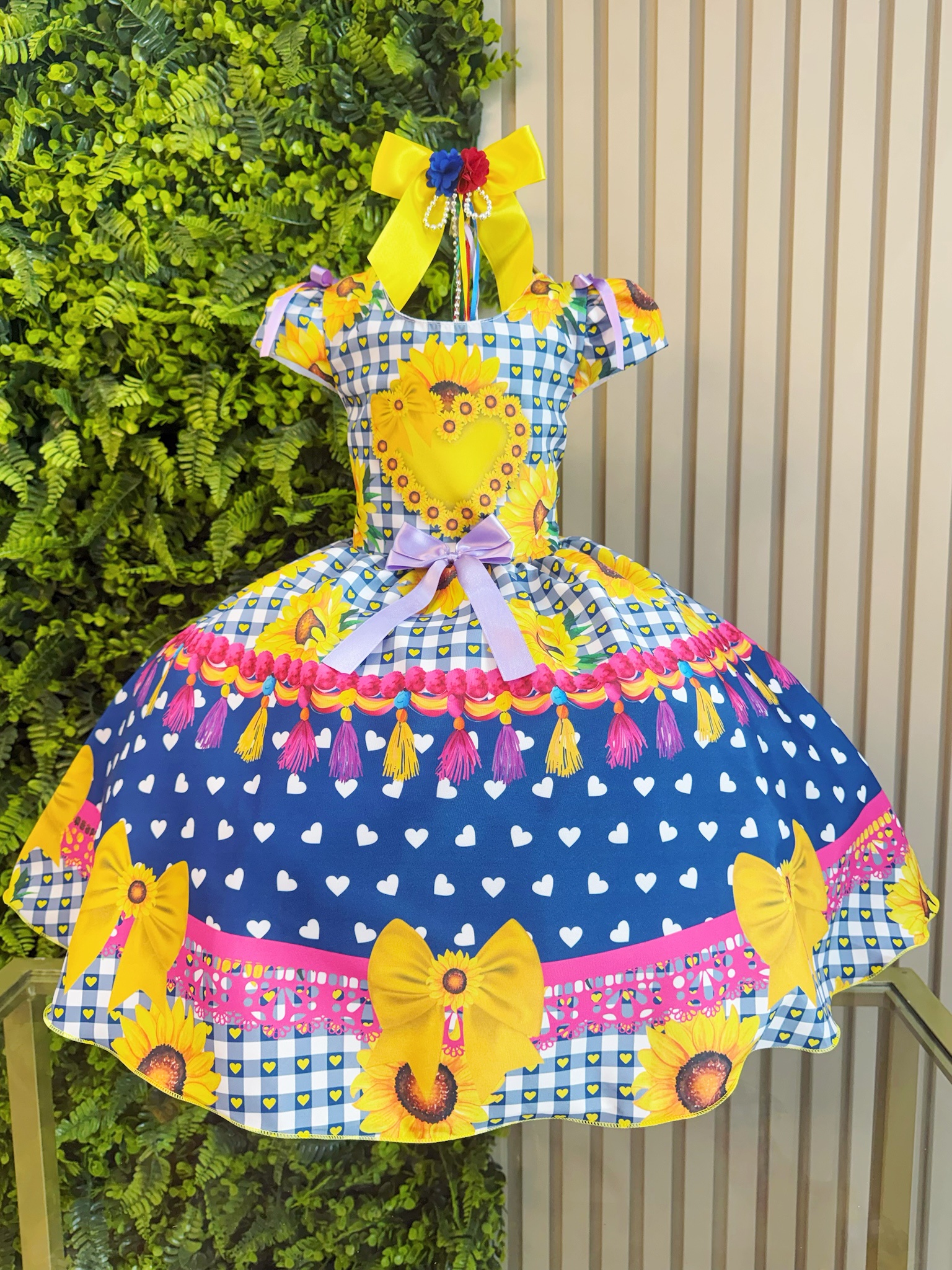 Vestido Infantil Junino Caipira Arraiá Azul Colorido Girassol