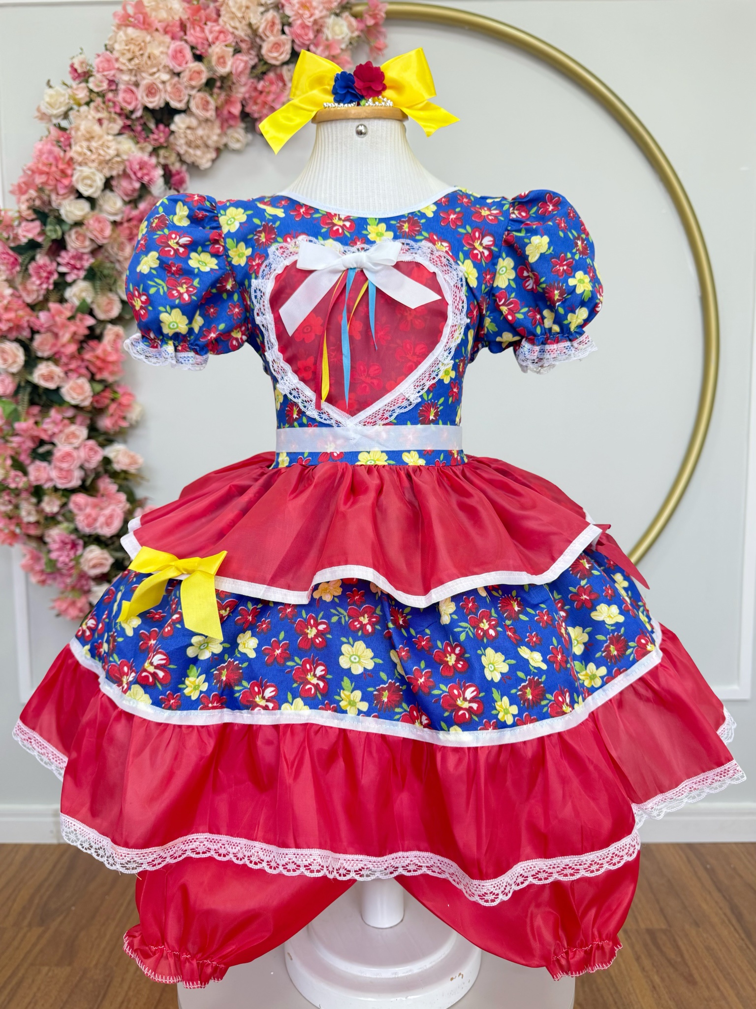 Vestido Infantil Junino Caipira Arraiá Azul Florzinhas Coloridas